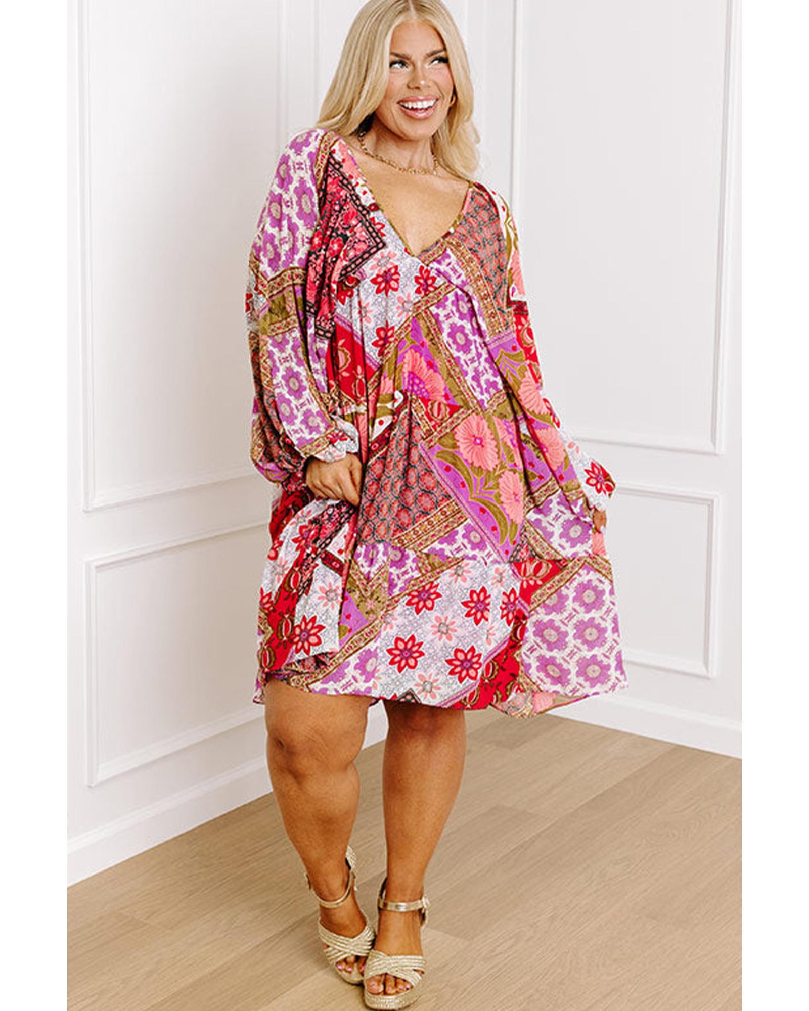 Rose Mixed Floral Long Sleeve V Neck Lace-up Hollowed Back Plus Size Dress - 2X