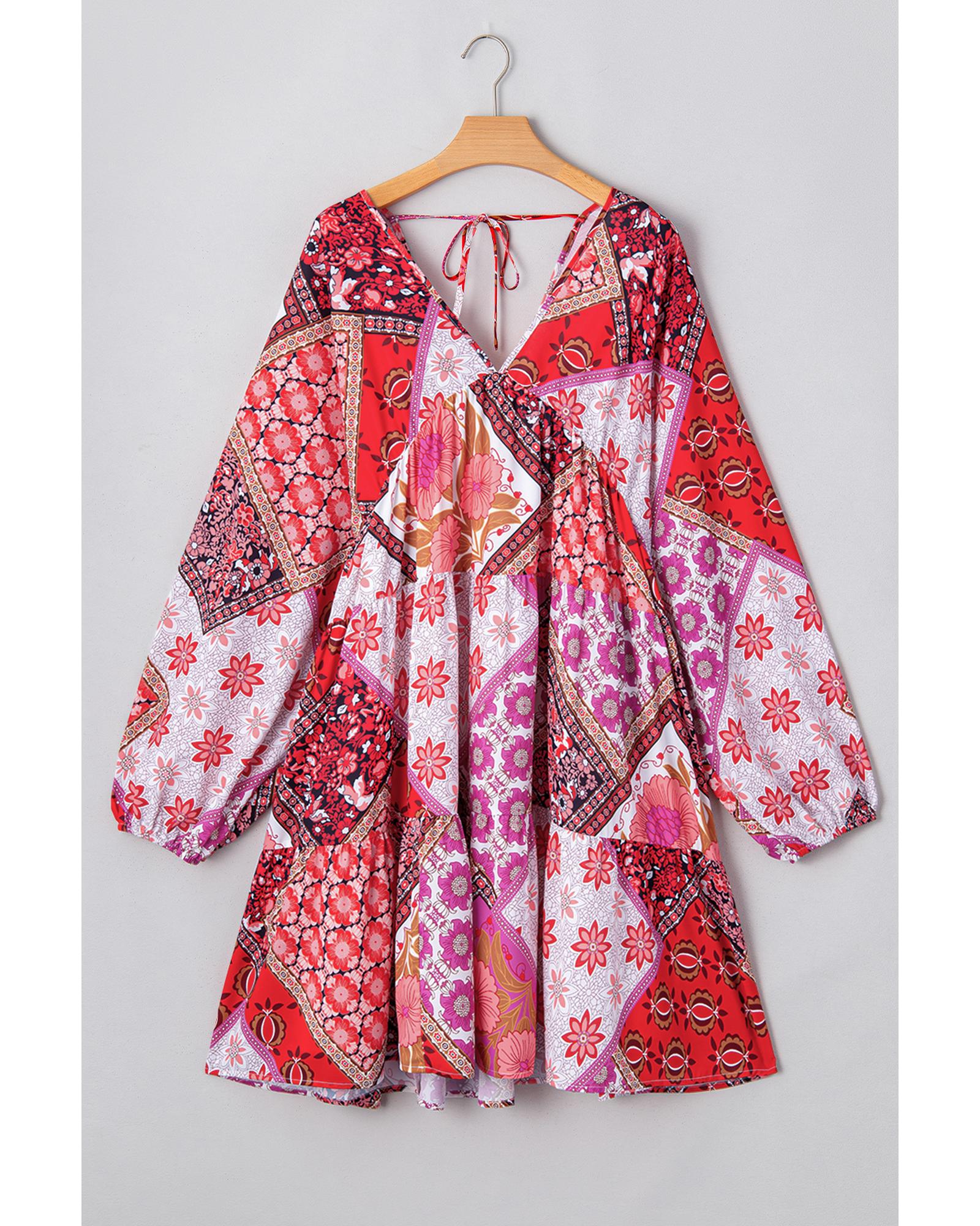 Rose Mixed Floral Long Sleeve V Neck Lace-up Hollowed Back Plus Size Dress - 4X
