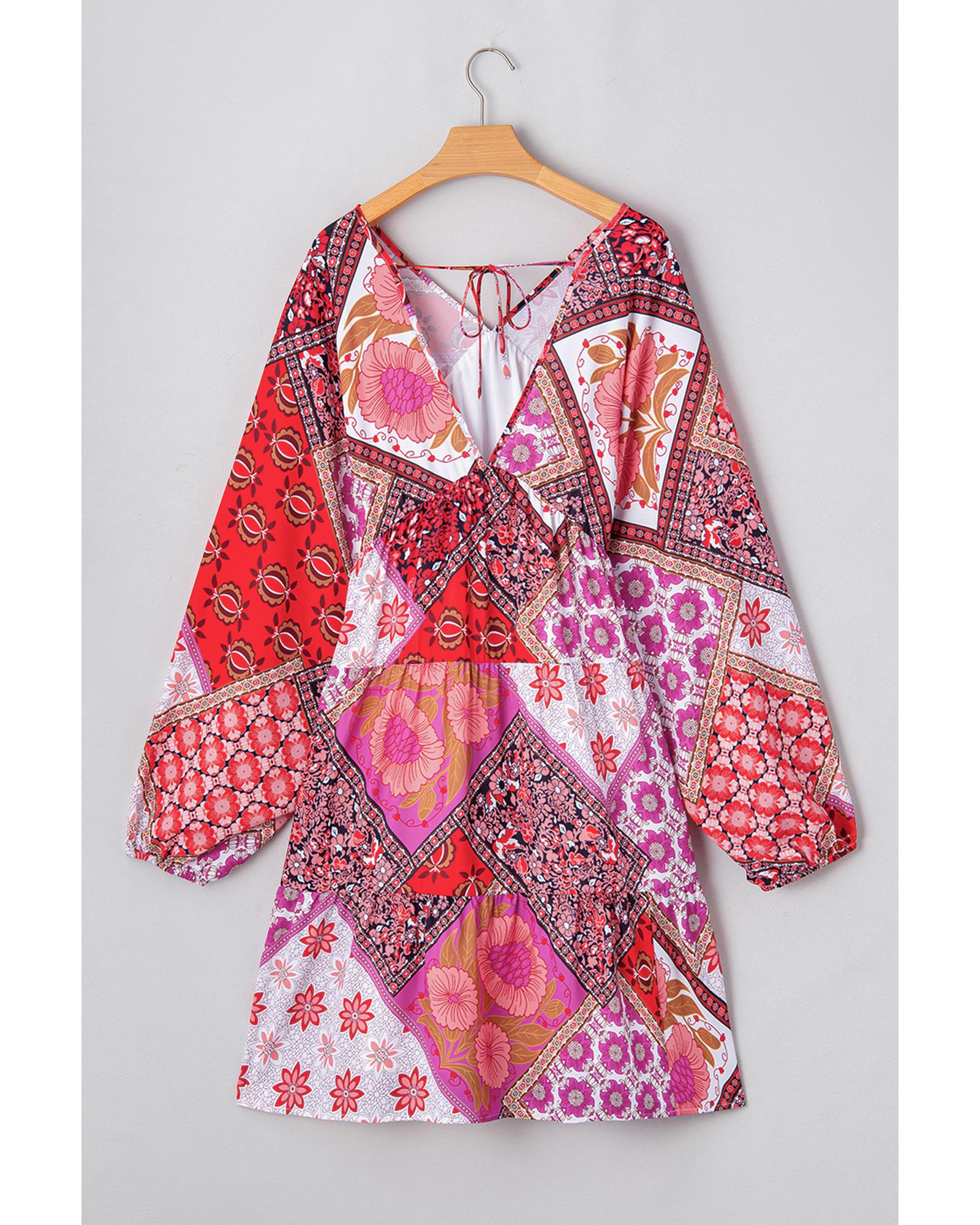 Rose Mixed Floral Long Sleeve V Neck Lace-up Hollowed Back Plus Size Dress - 4X