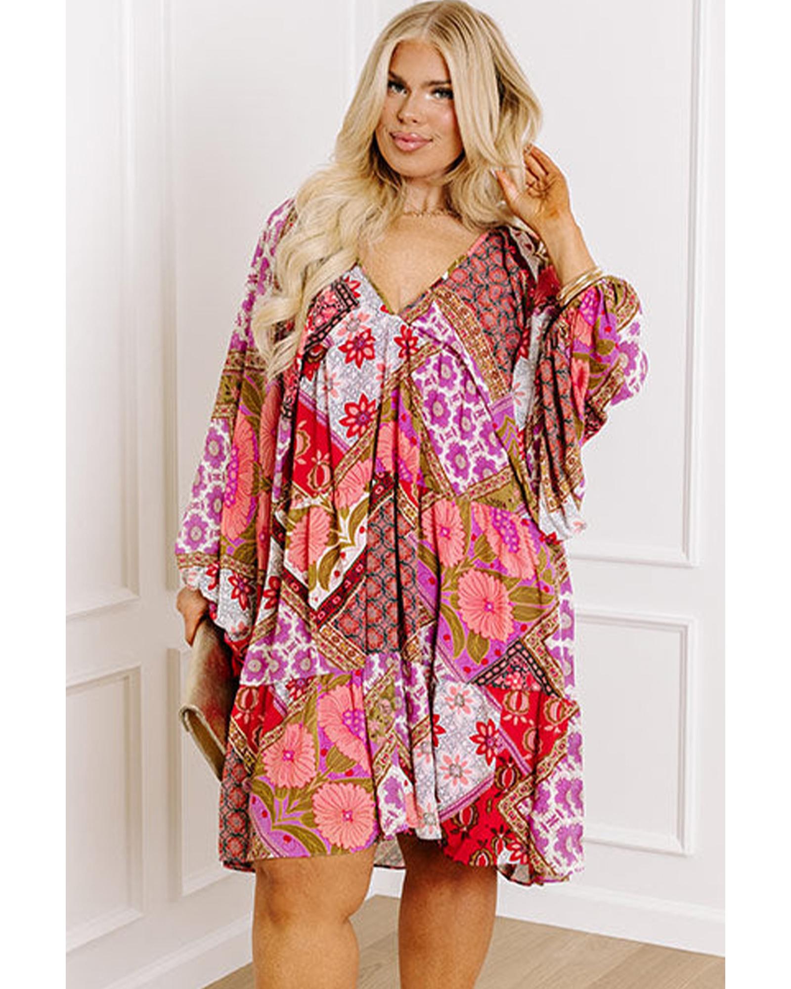 Rose Mixed Floral Long Sleeve V Neck Lace-up Hollowed Back Plus Size Dress - 4X