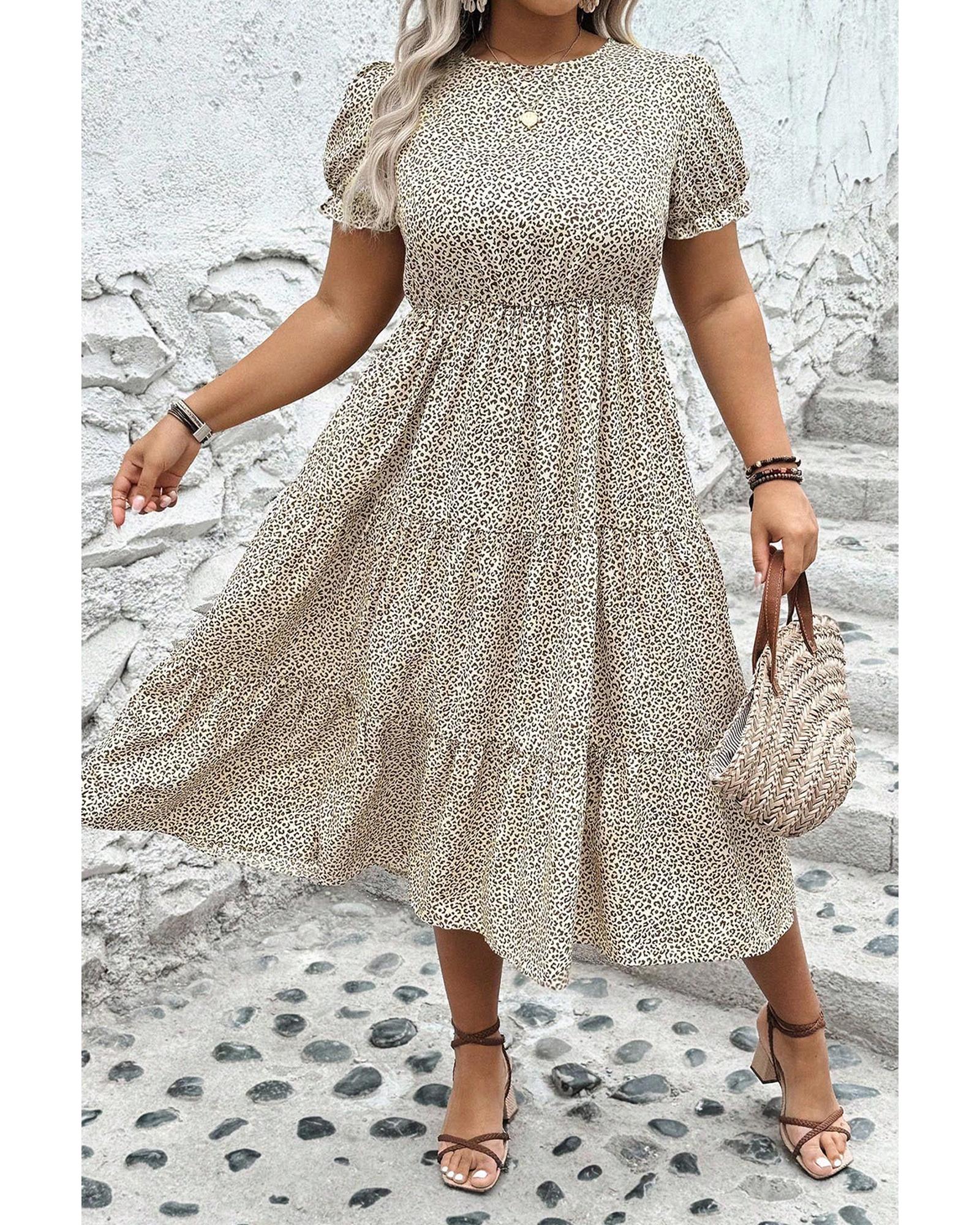 Beige Plus Size Leopard Print Frill Trim Short Sleeve Flared Dress - 4X