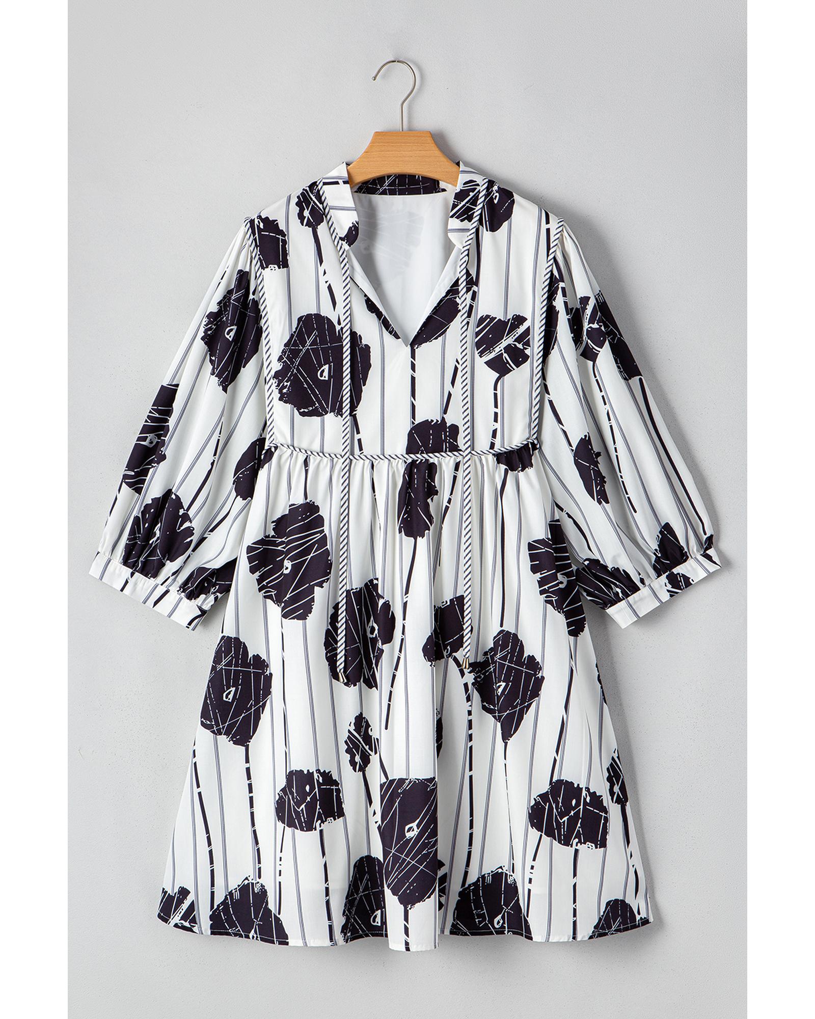 Black Plus Size Floral 3/4 Puff Sleeve Lace-up Neck Mini Dress - 1X