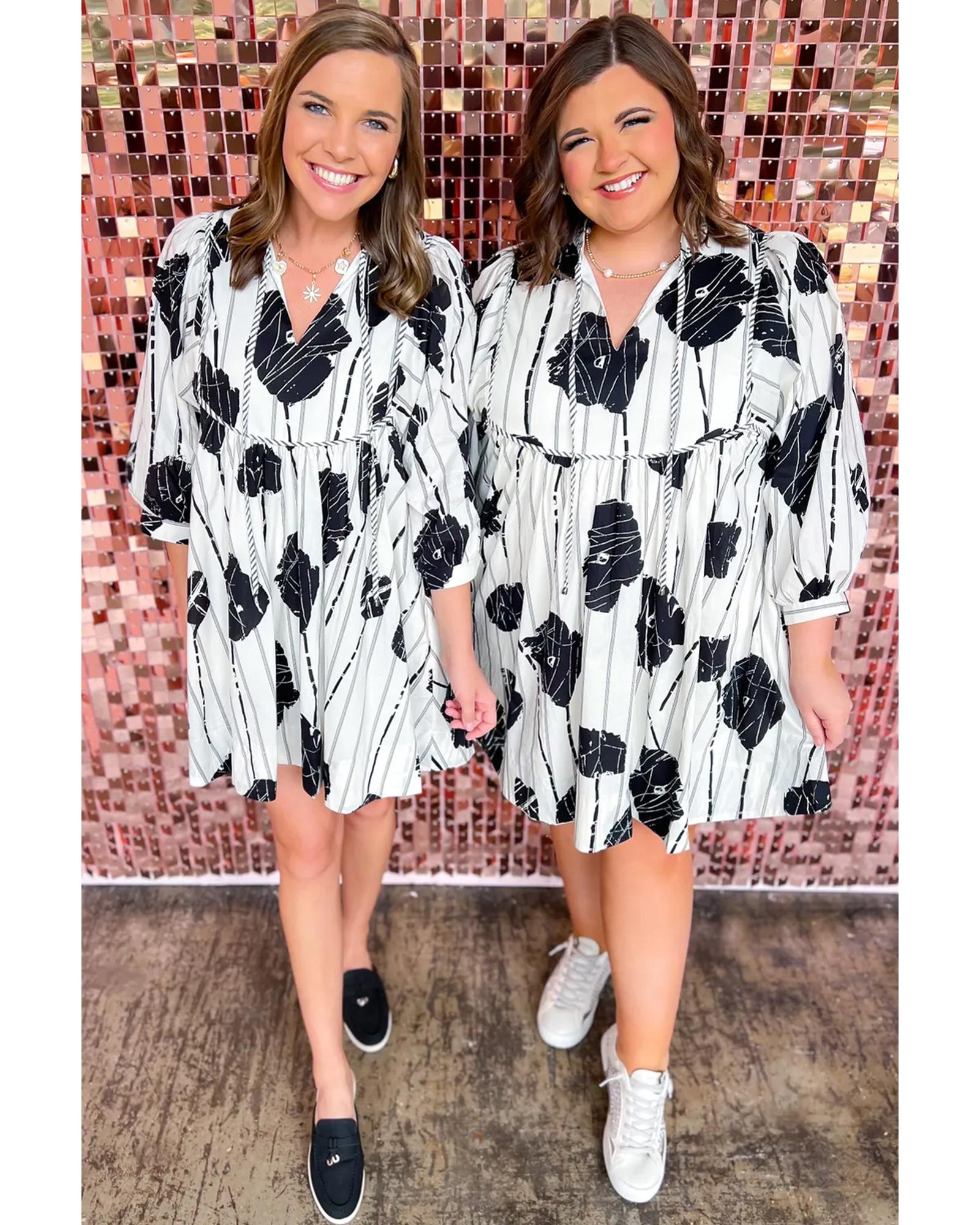 Black Plus Size Floral 3/4 Puff Sleeve Lace-up Neck Mini Dress - 3X