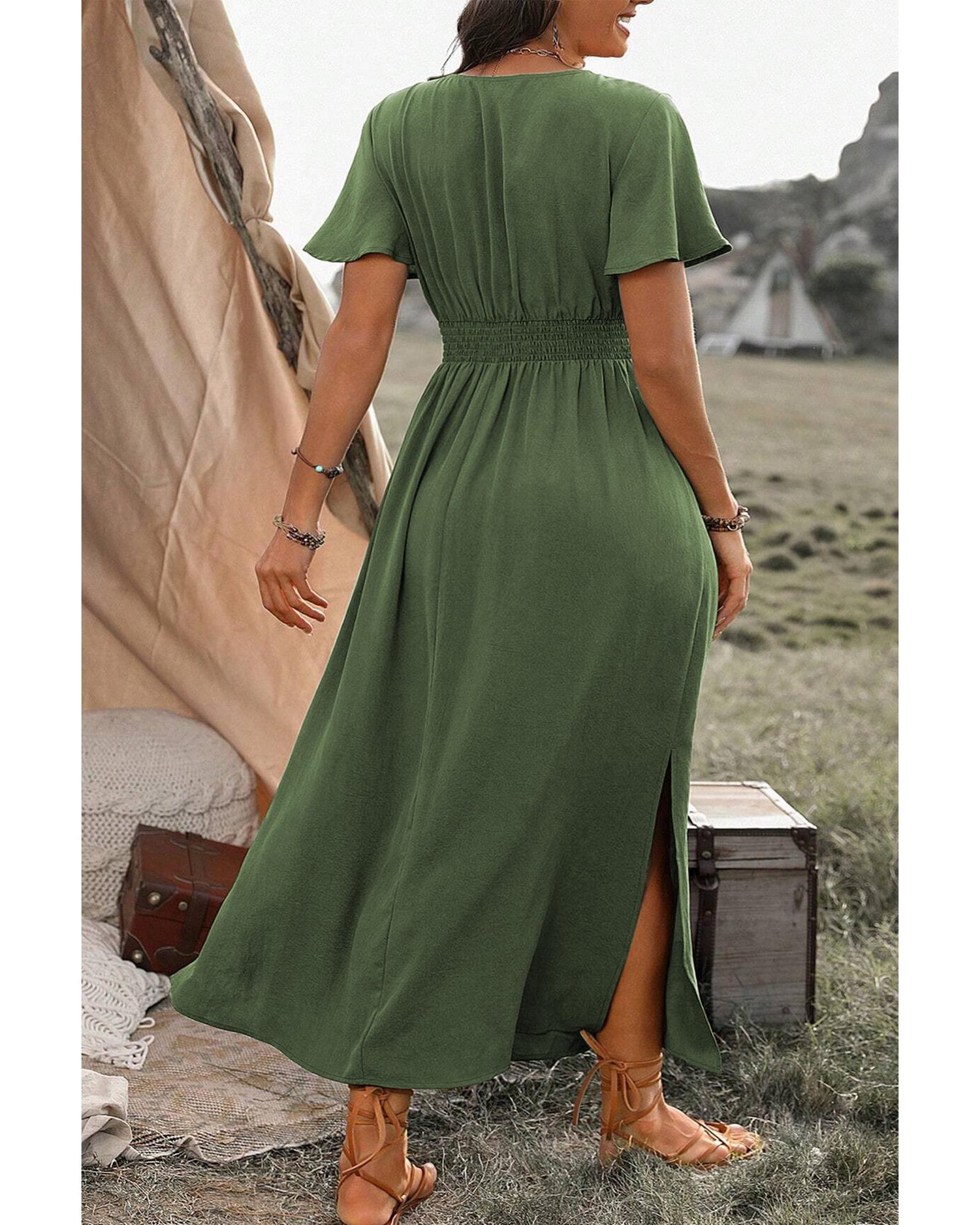 Four Leaf Clover Surplice Neckline Shirred High Waist Plus Size Maxi Dress - 1X