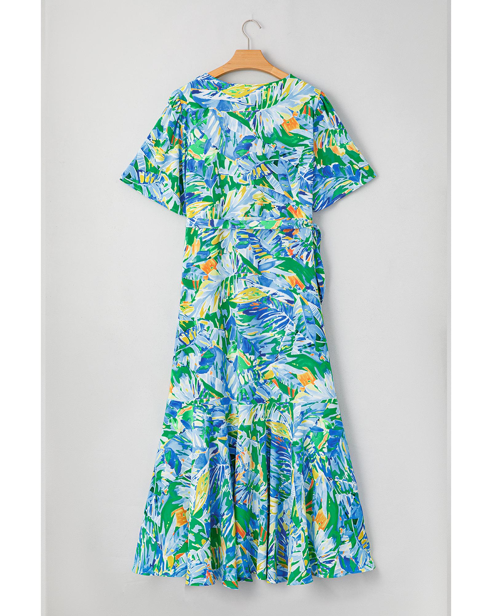 Green Leaves Print Short Sleeve Surplice Neck Ruffled Trim Plus Size Maxi Dress - 3X