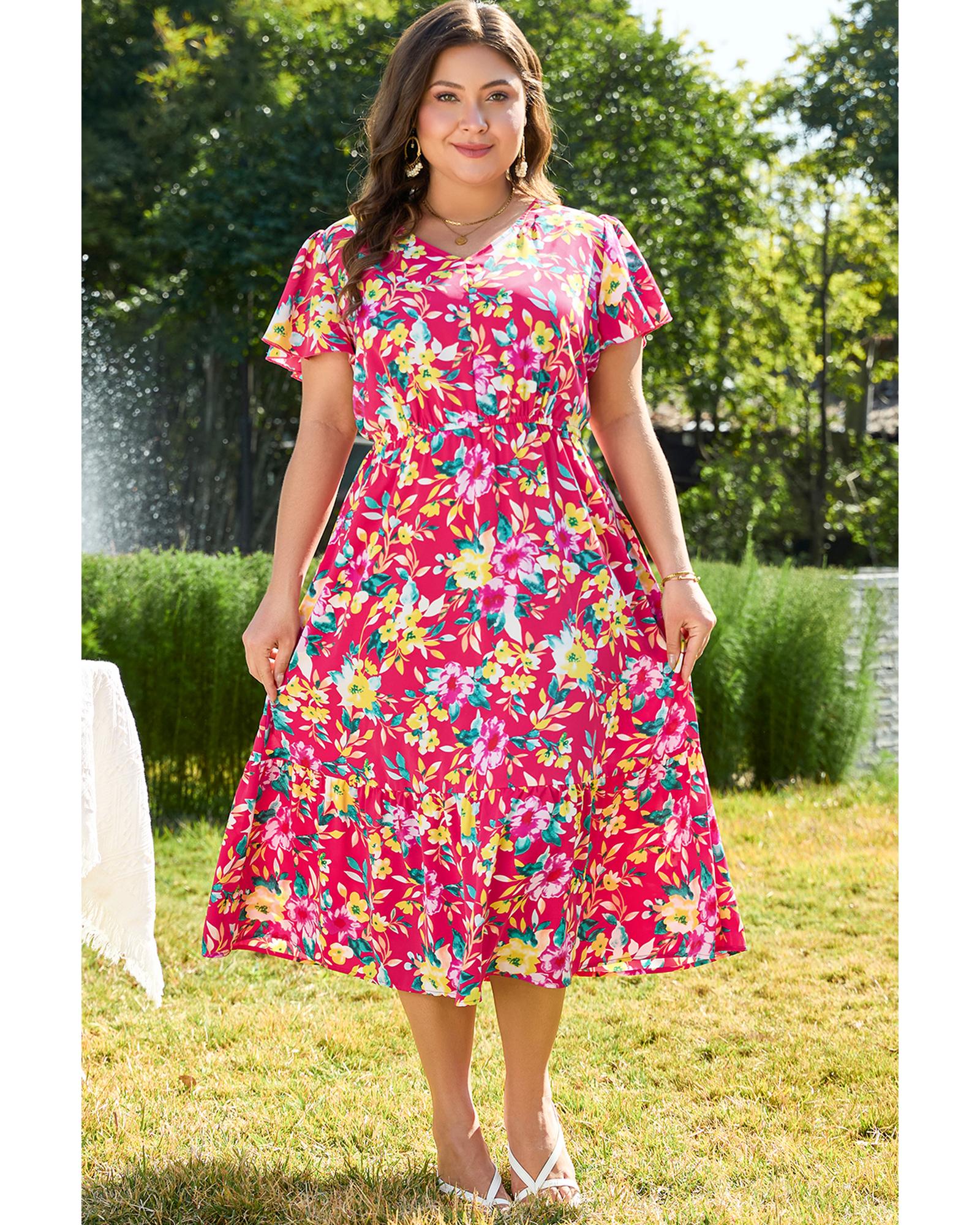 Pink Floral Print V Neck Pocketed High Waist Plus Size Midi Dress - 4X