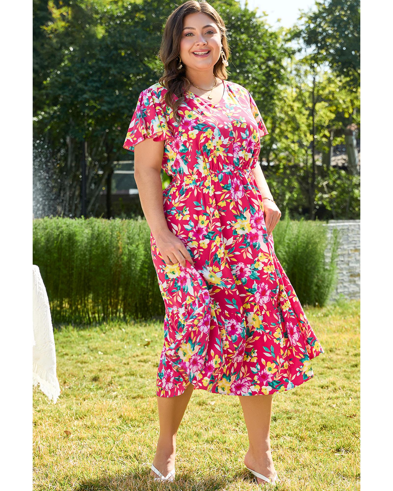 Pink Floral Print V Neck Pocketed High Waist Plus Size Midi Dress - 4X
