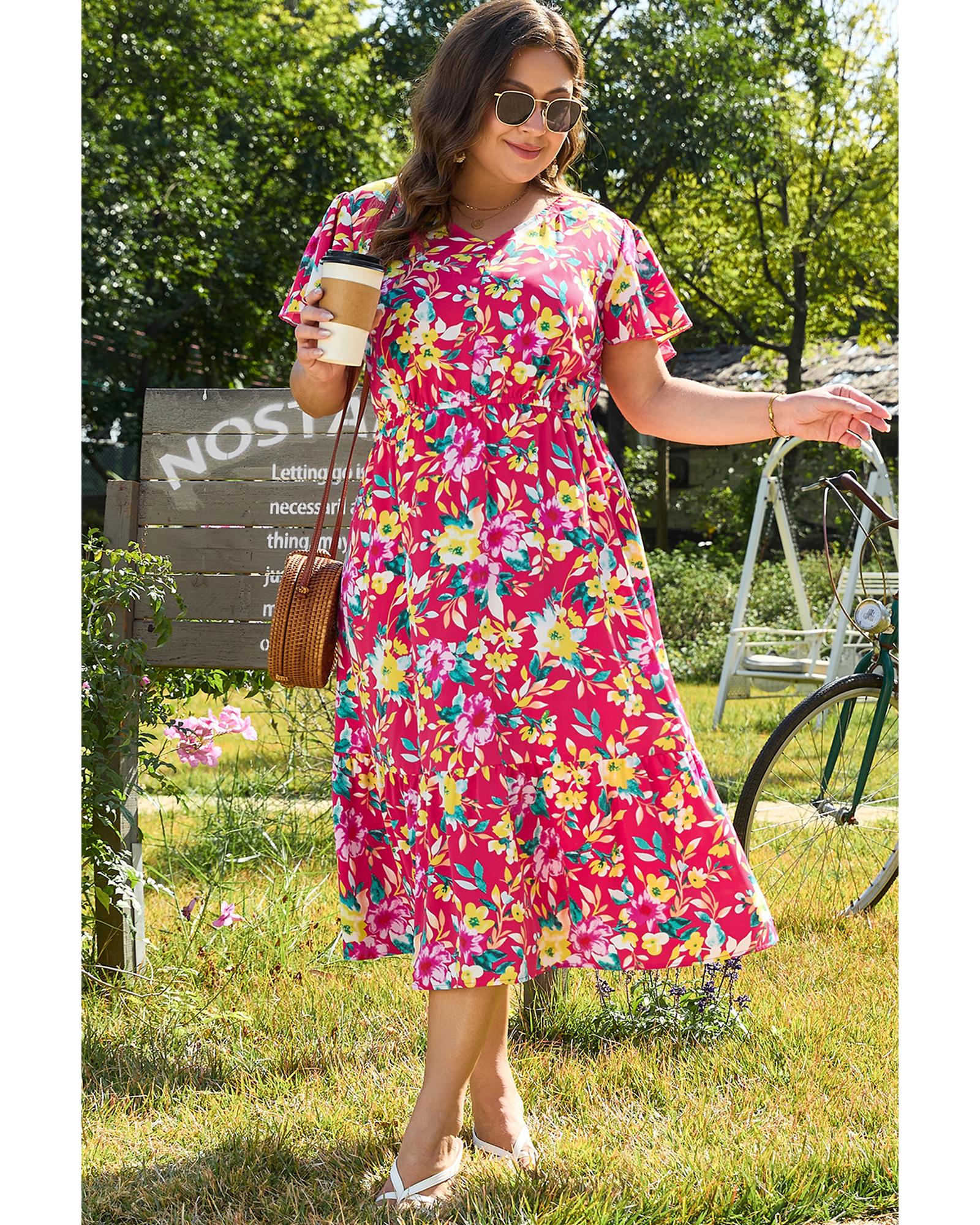 Pink Floral Print V Neck Pocketed High Waist Plus Size Midi Dress - 4X