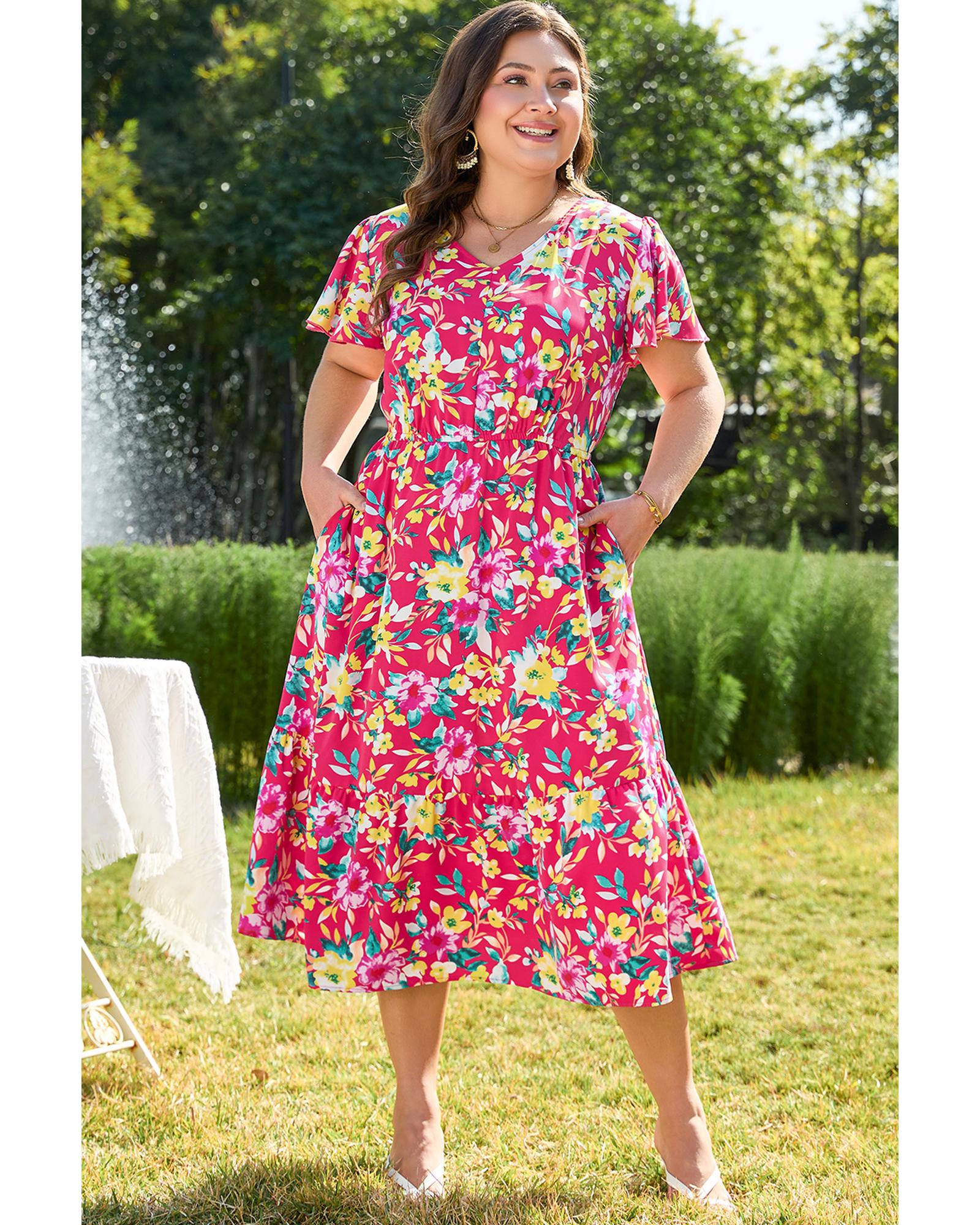 Pink Floral Print V Neck Pocketed High Waist Plus Size Midi Dress - 4X