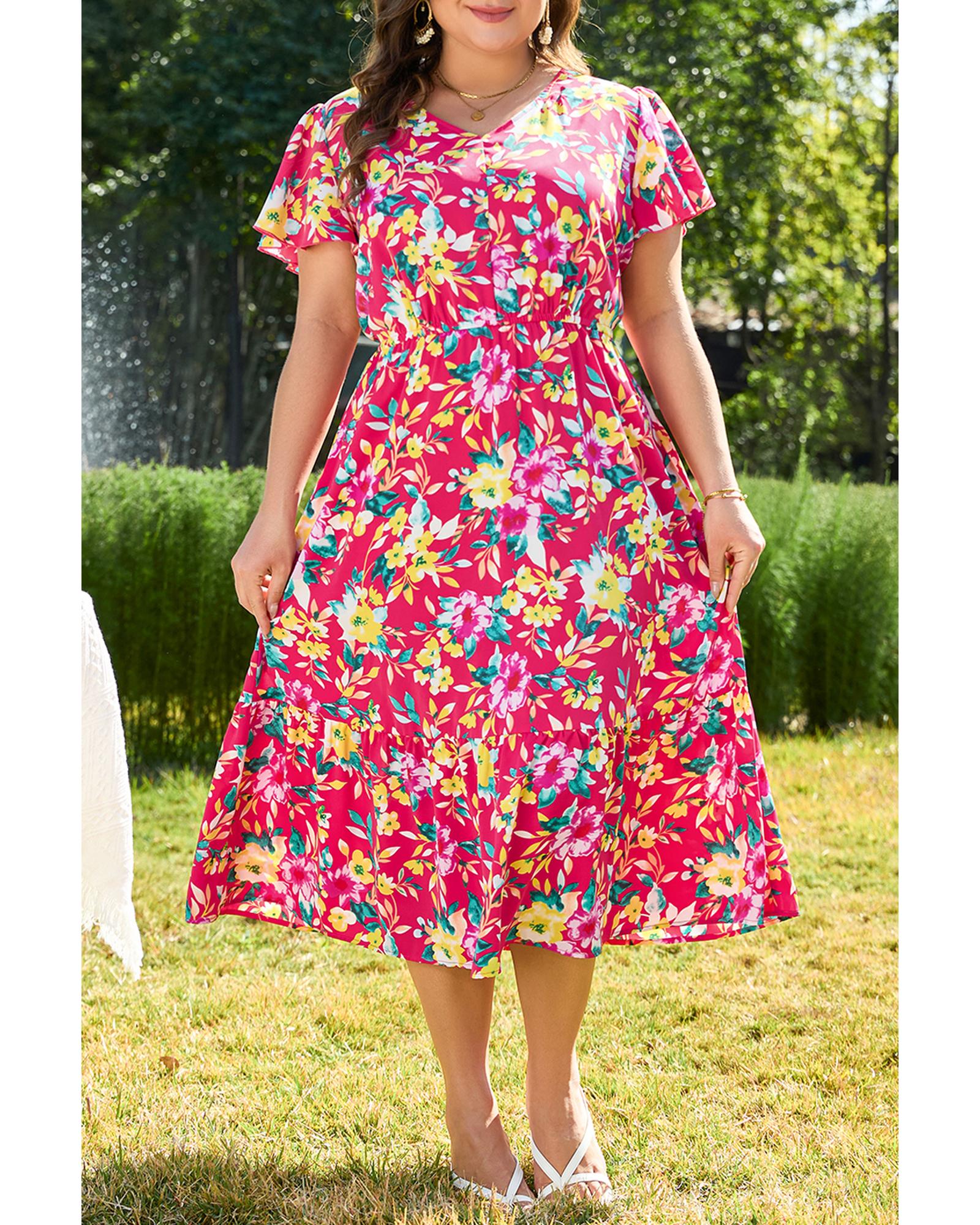 Pink Floral Print V Neck Pocketed High Waist Plus Size Midi Dress - 4X