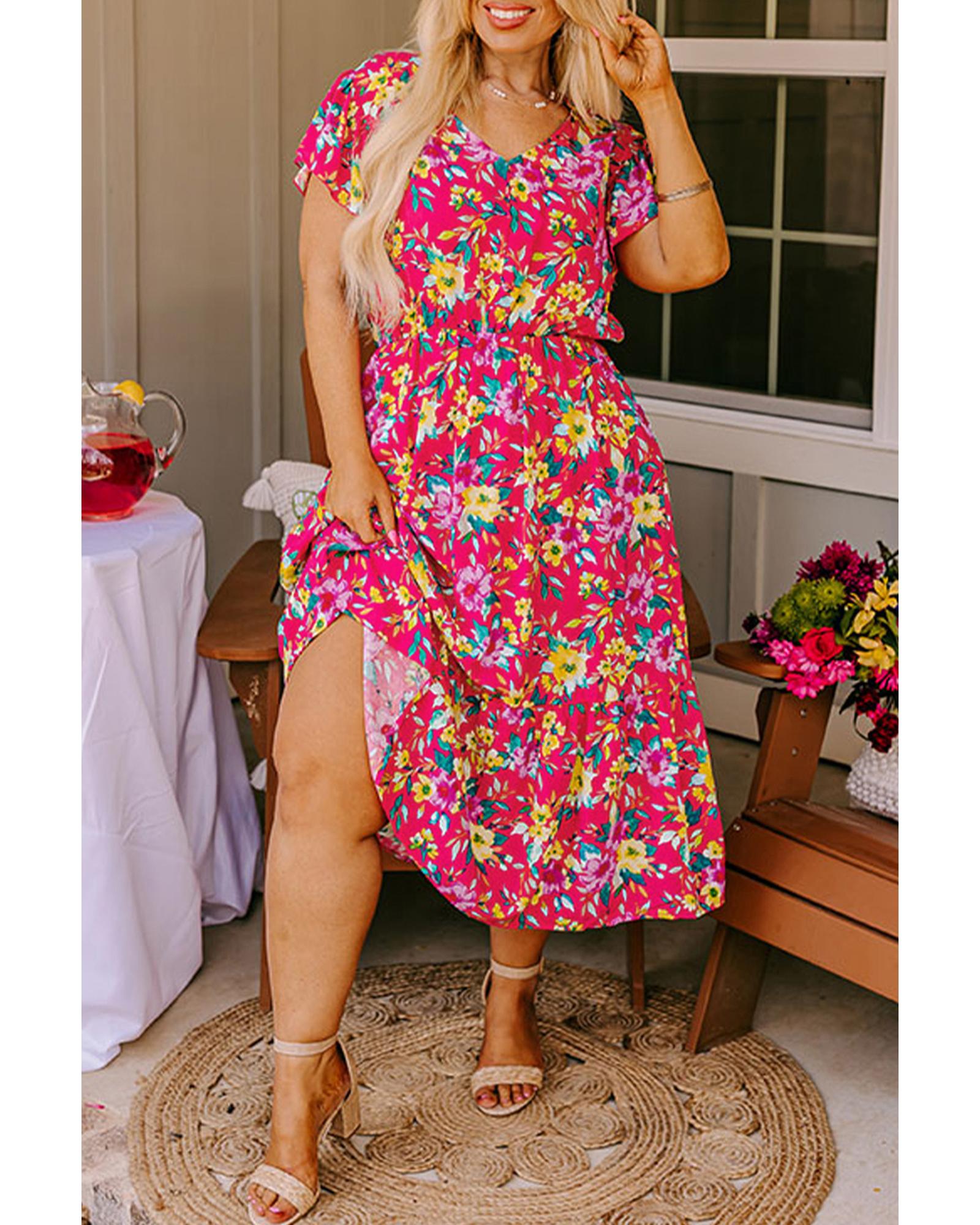 Pink Floral Print V Neck Pocketed High Waist Plus Size Midi Dress - 4X