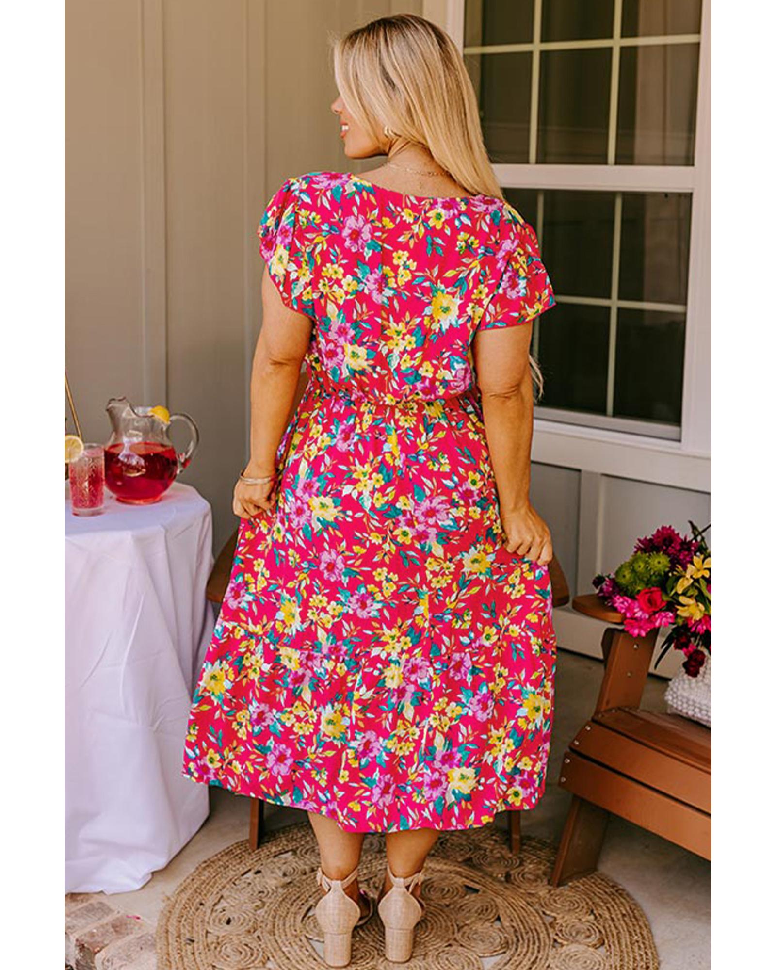 Pink Floral Print V Neck Pocketed High Waist Plus Size Midi Dress - 4X