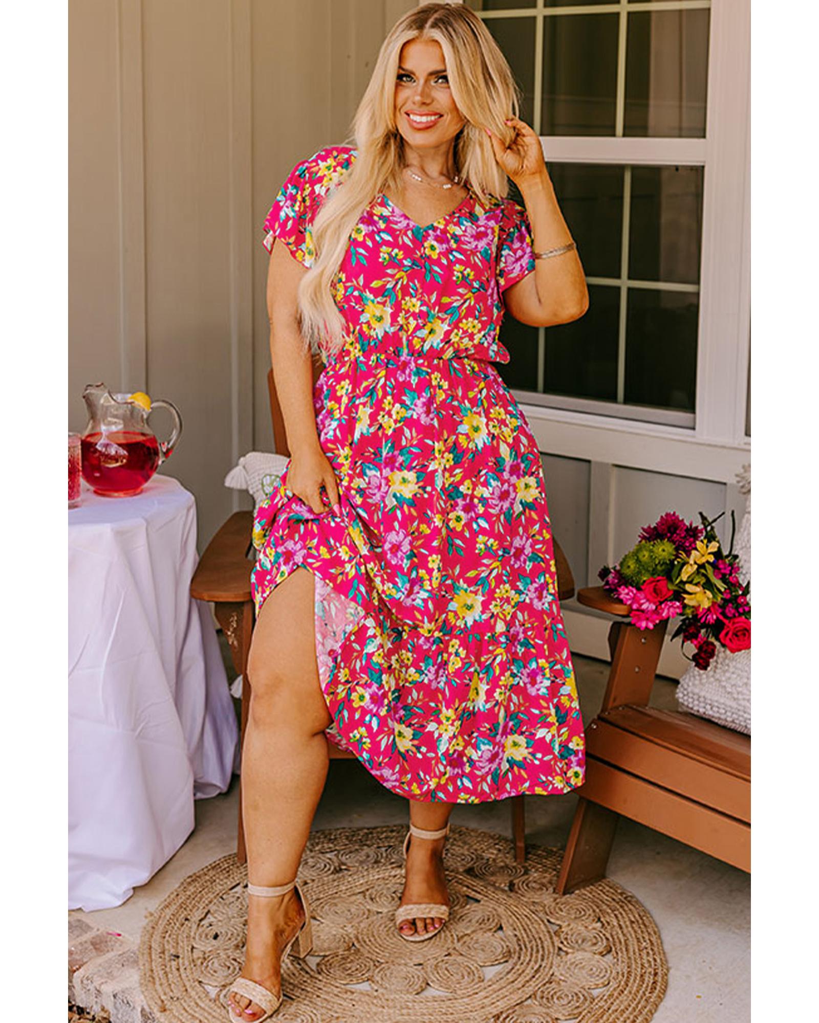 Pink Floral Print V Neck Pocketed High Waist Plus Size Midi Dress - 4X