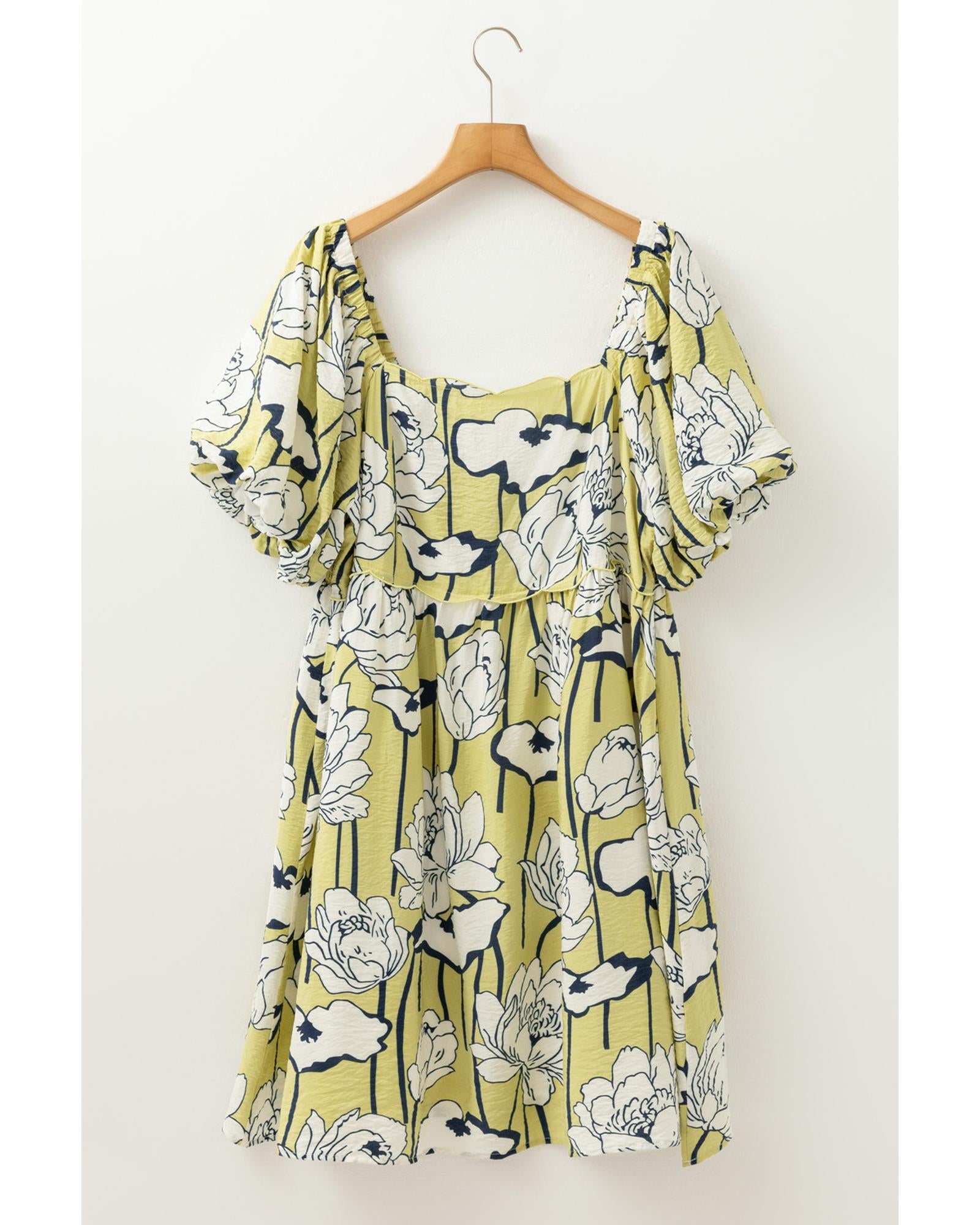 Green Plus Size Floral Print Shirred Square Neck Puff Sleeve Dress - 3X