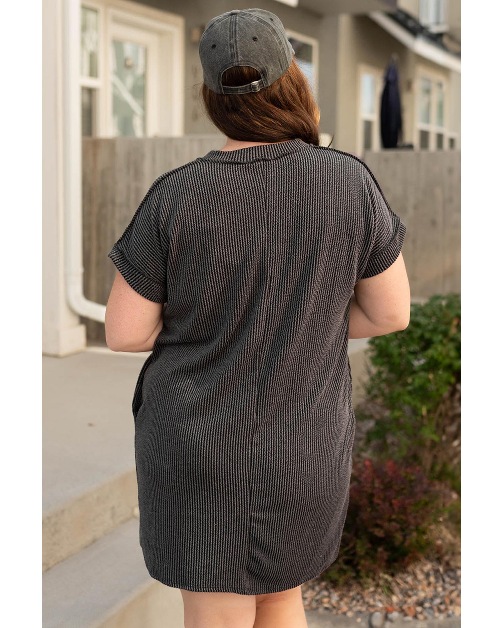 Carbon Grey Corded V Neck Plus Size T Shirt Dress with Pockets - 1X