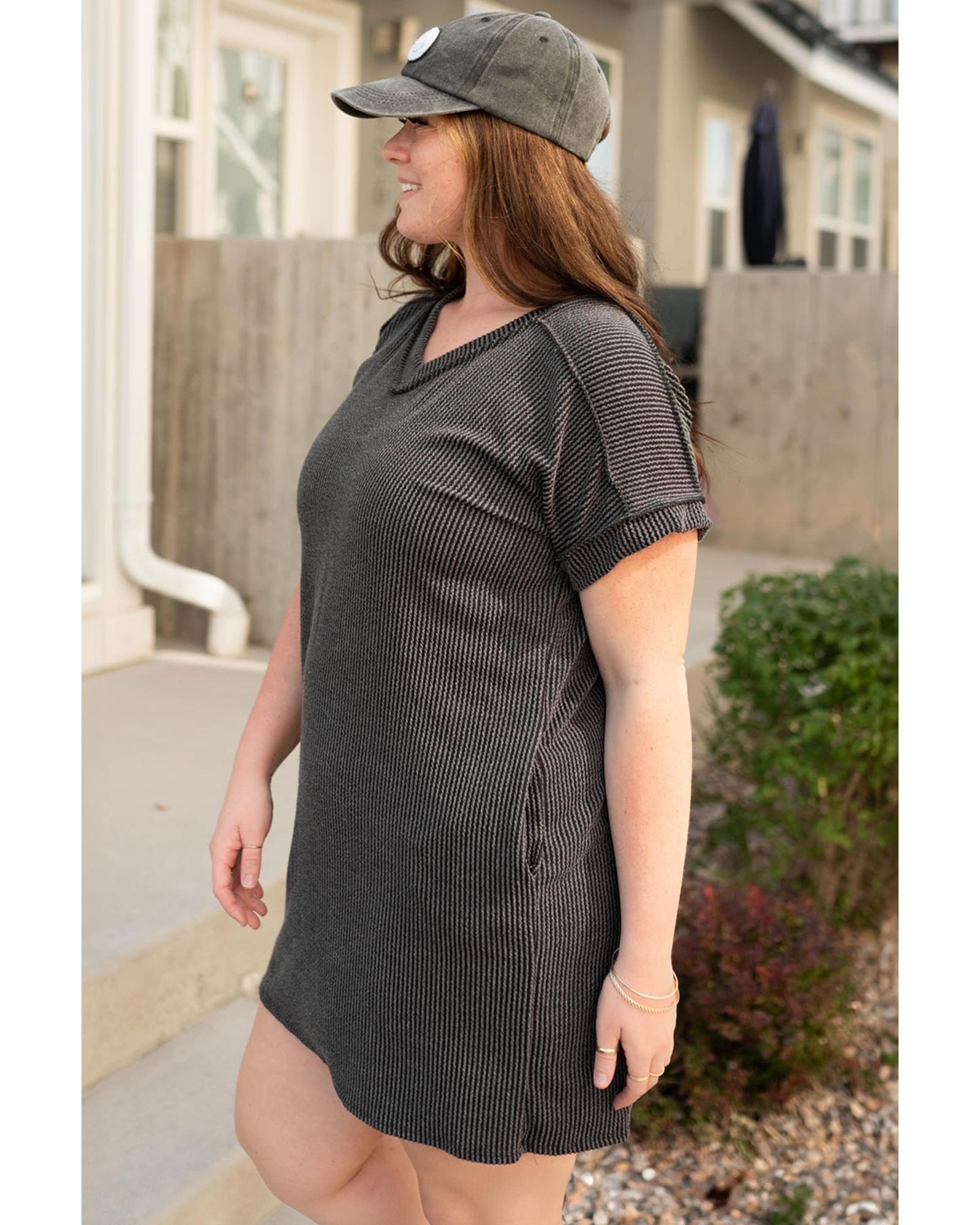 Carbon Grey Corded V Neck Plus Size T Shirt Dress with Pockets - 1X