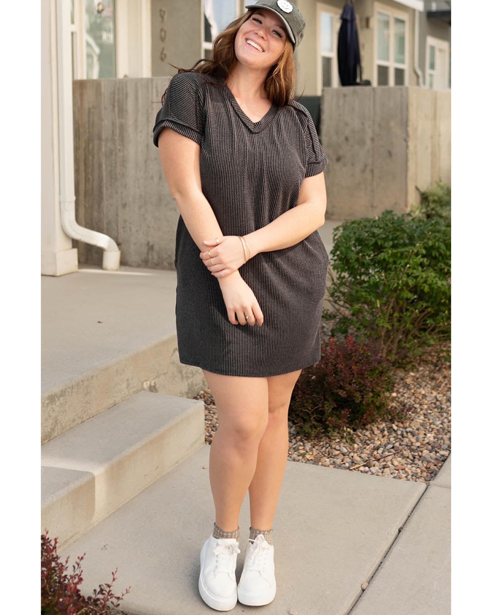 Carbon Grey Corded V Neck Plus Size T Shirt Dress with Pockets - 2X
