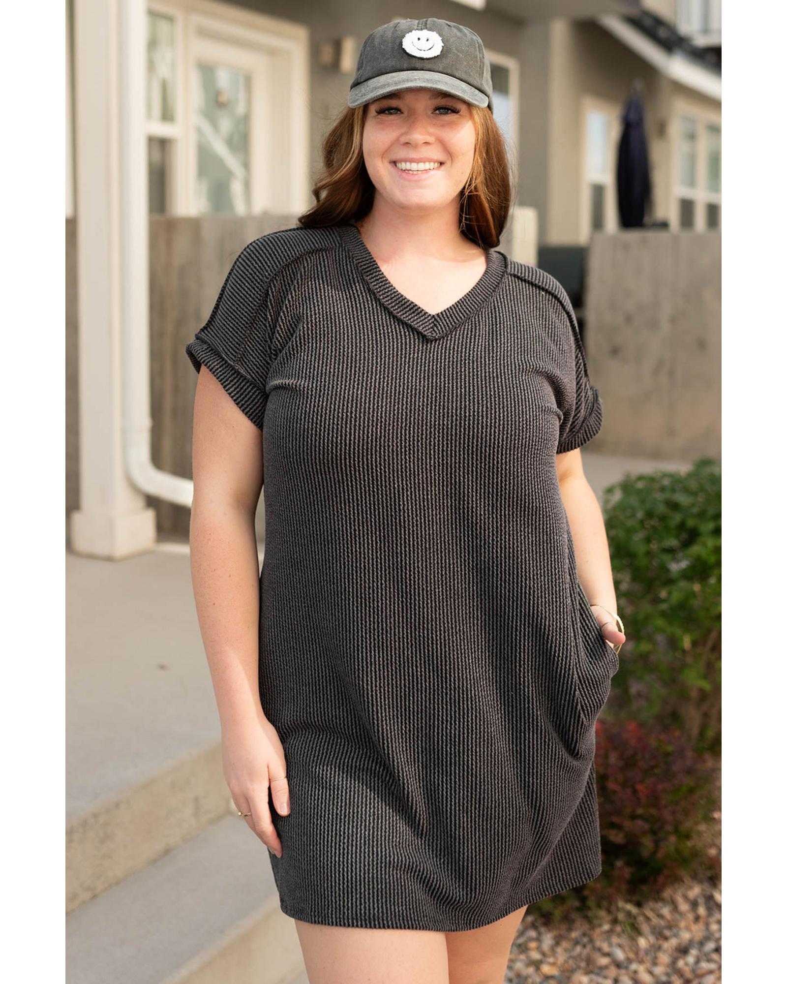 Carbon Grey Corded V Neck Plus Size T Shirt Dress with Pockets - 2X