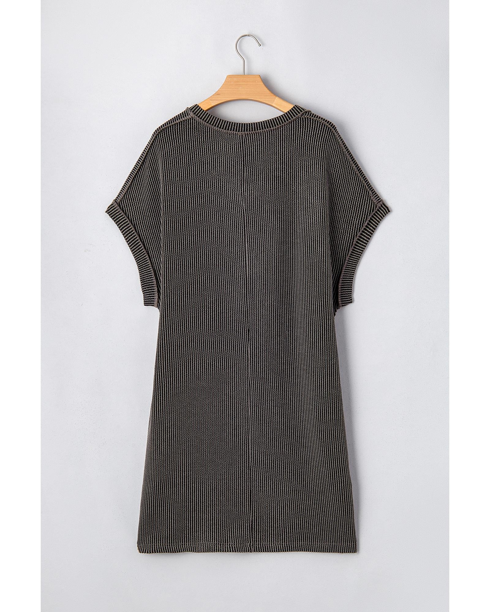 Carbon Grey Corded V Neck Plus Size T Shirt Dress with Pockets - 2X