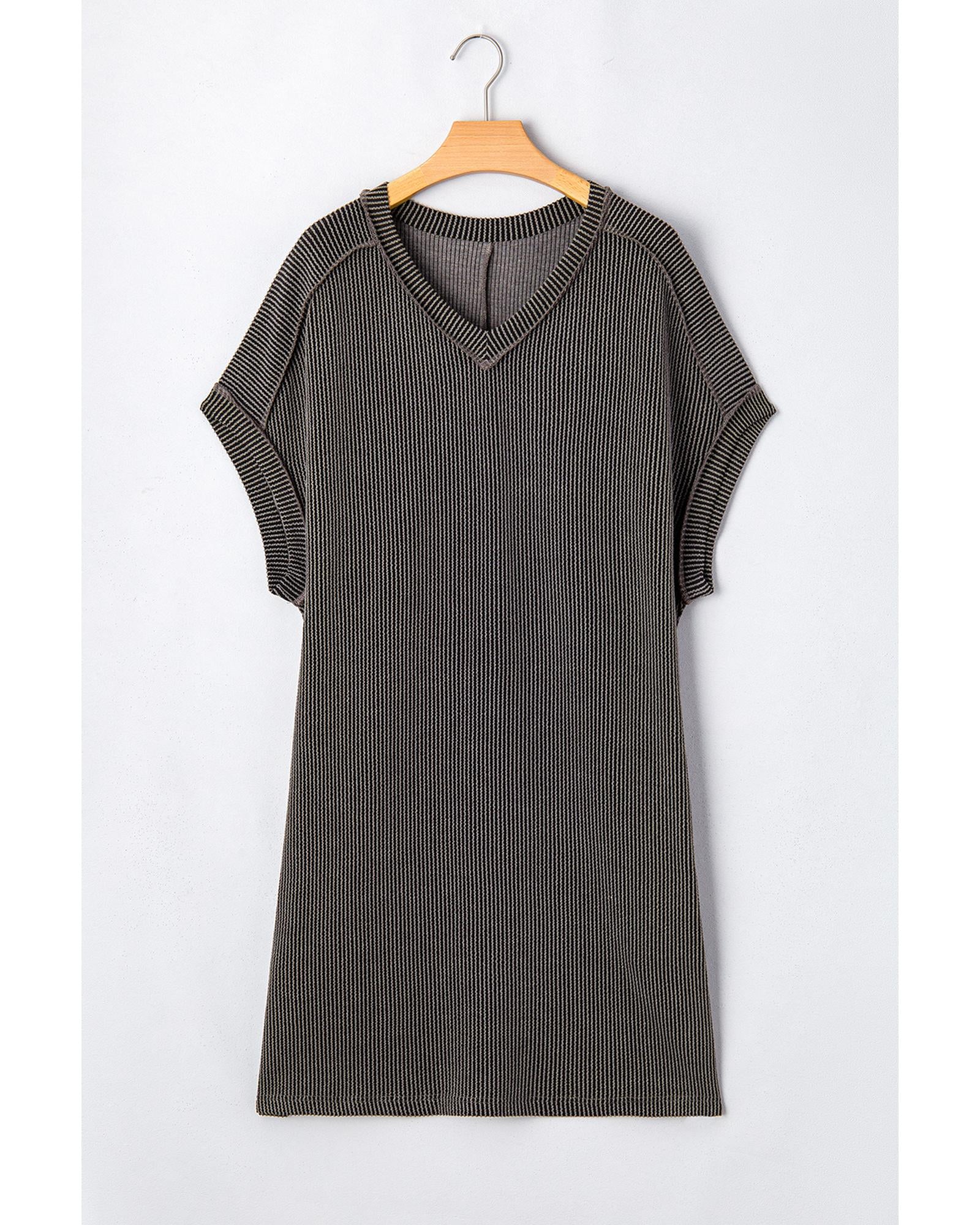 Carbon Grey Corded V Neck Plus Size T Shirt Dress with Pockets - 4X