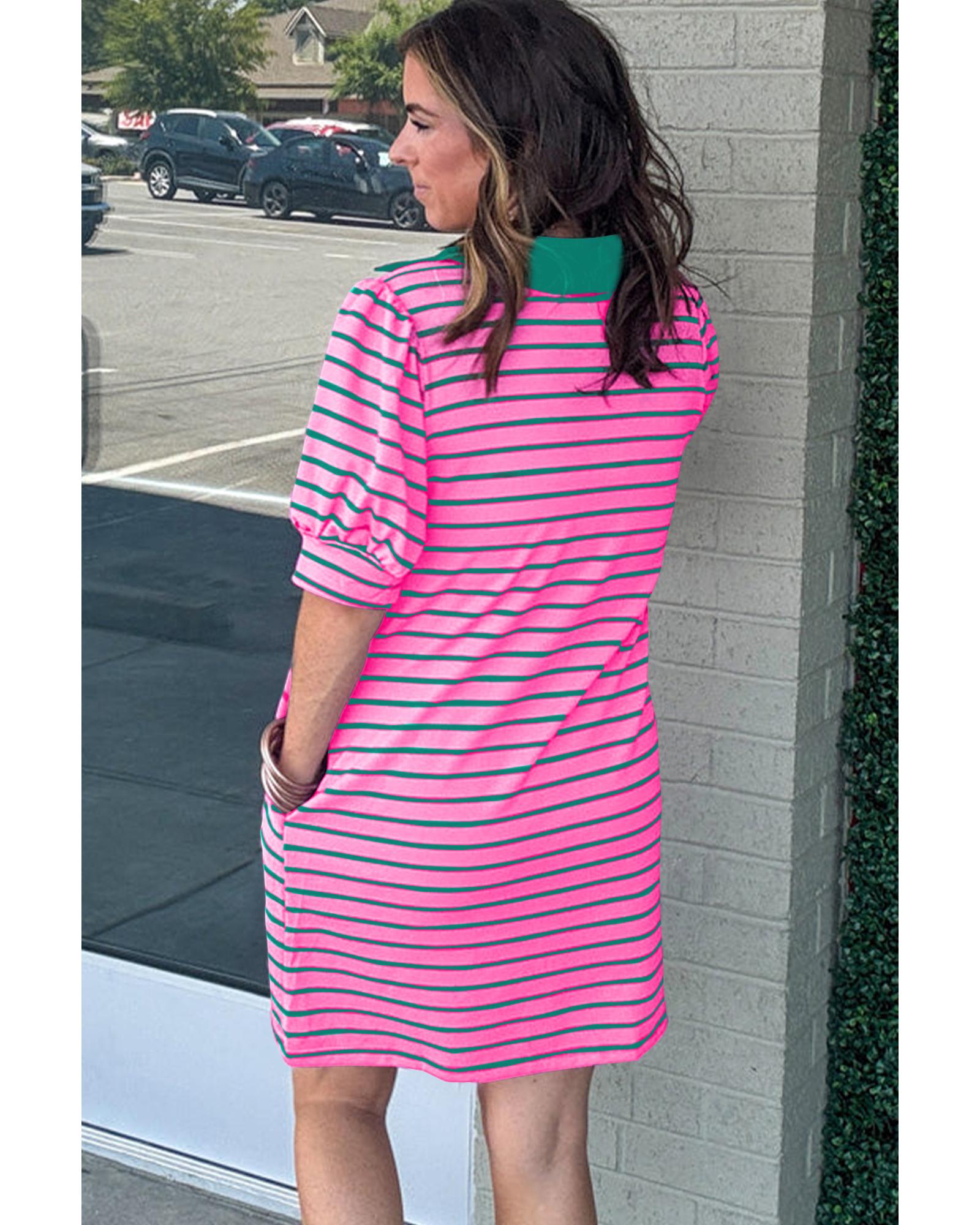 Rose Stripe Collared V Neck Puff Sleeve Shift T Shirt Dress with Pockets - 1X