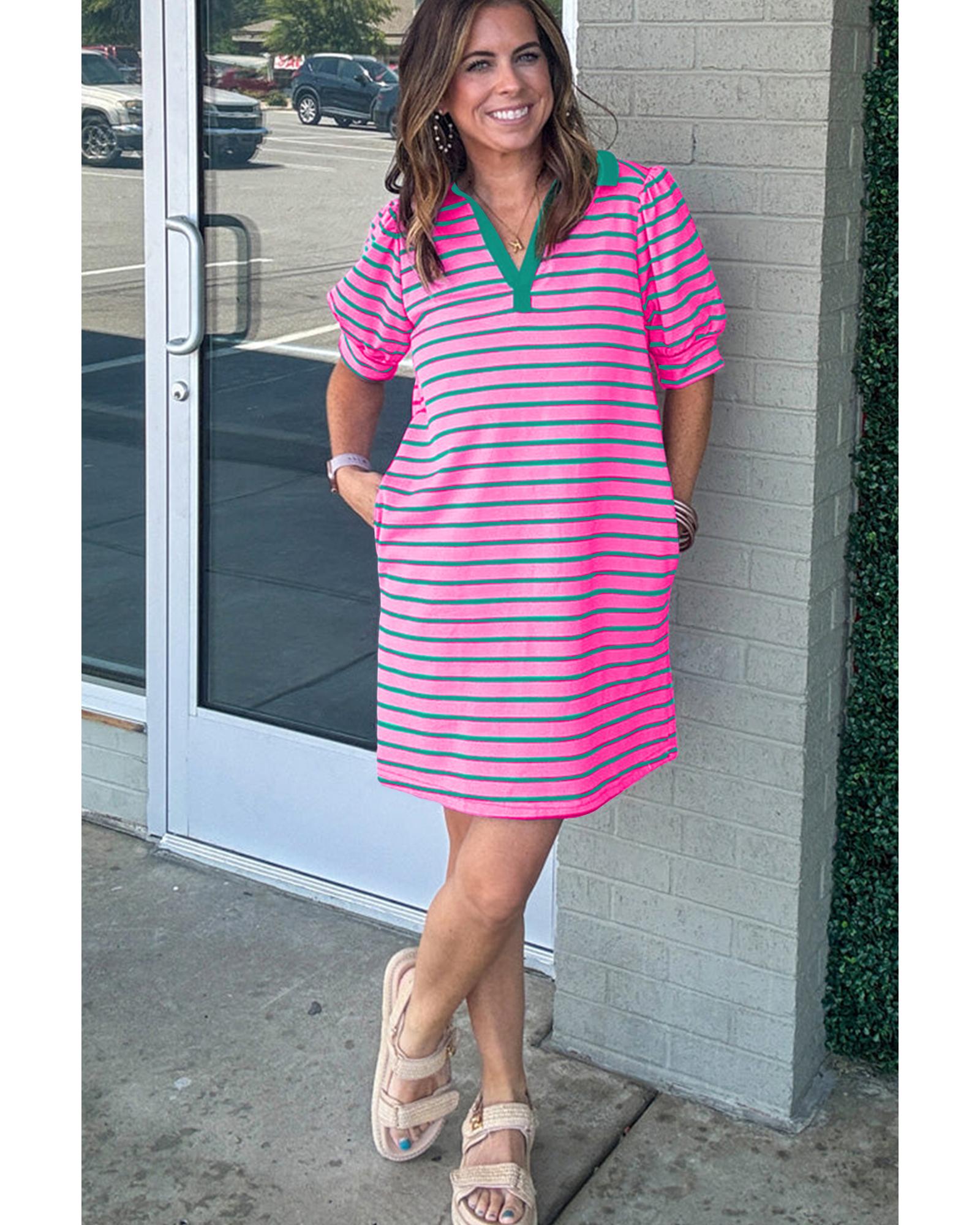 Rose Stripe Collared V Neck Puff Sleeve Shift T Shirt Dress with Pockets - 1X
