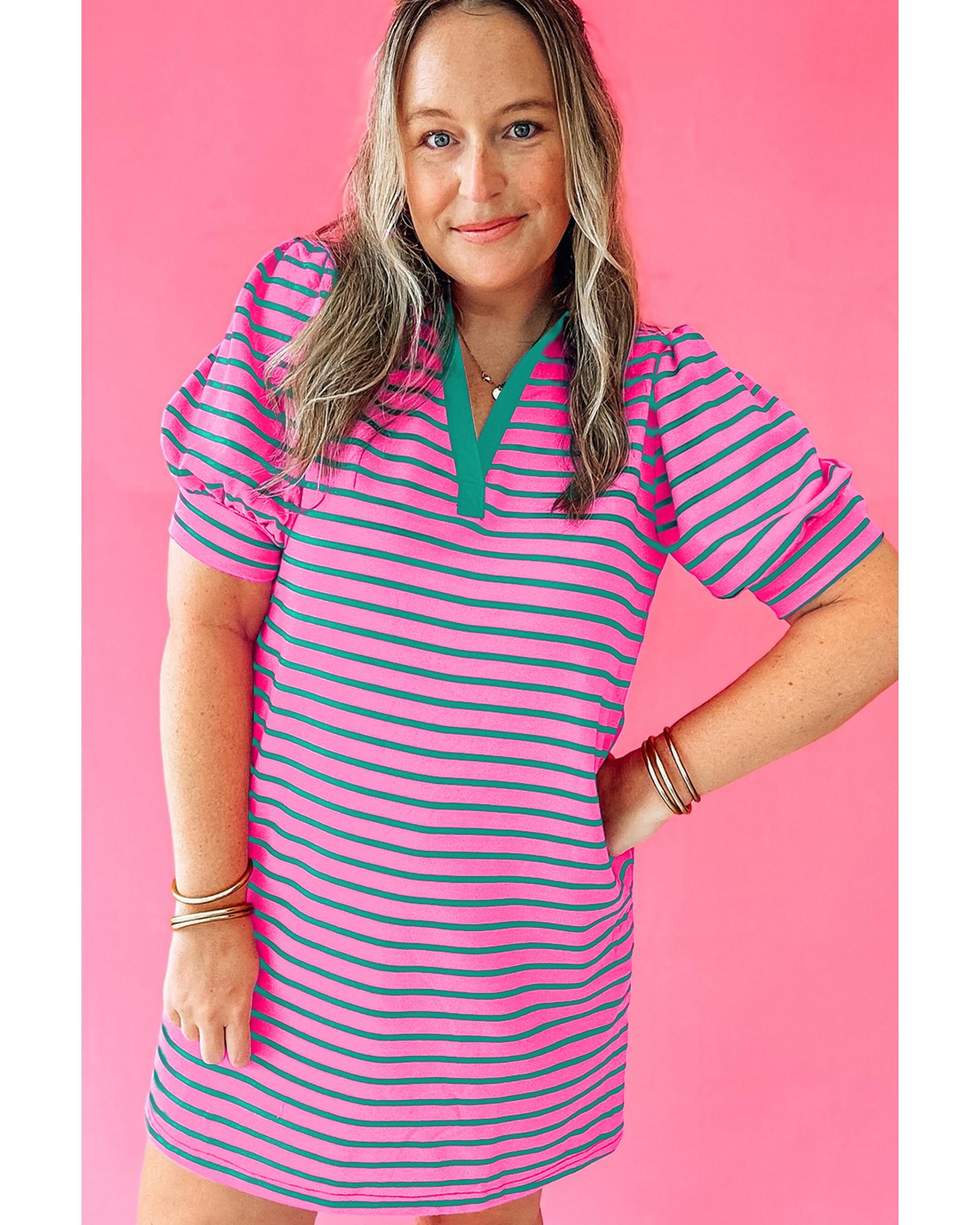 Rose Stripe Collared V Neck Puff Sleeve Shift T Shirt Dress with Pockets - 2X