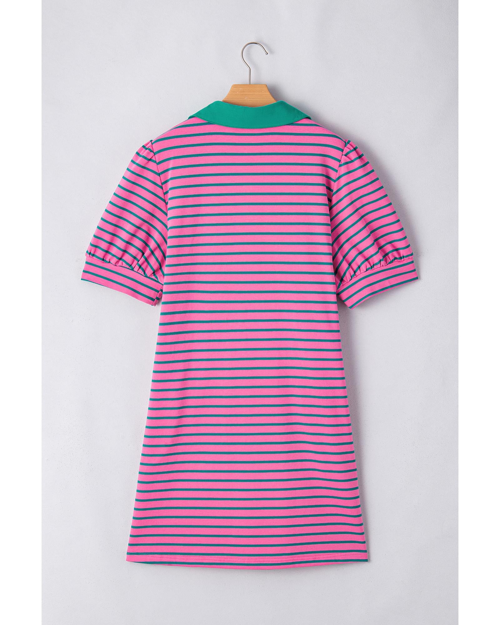 Rose Stripe Collared V Neck Puff Sleeve Shift T Shirt Dress with Pockets - 2X