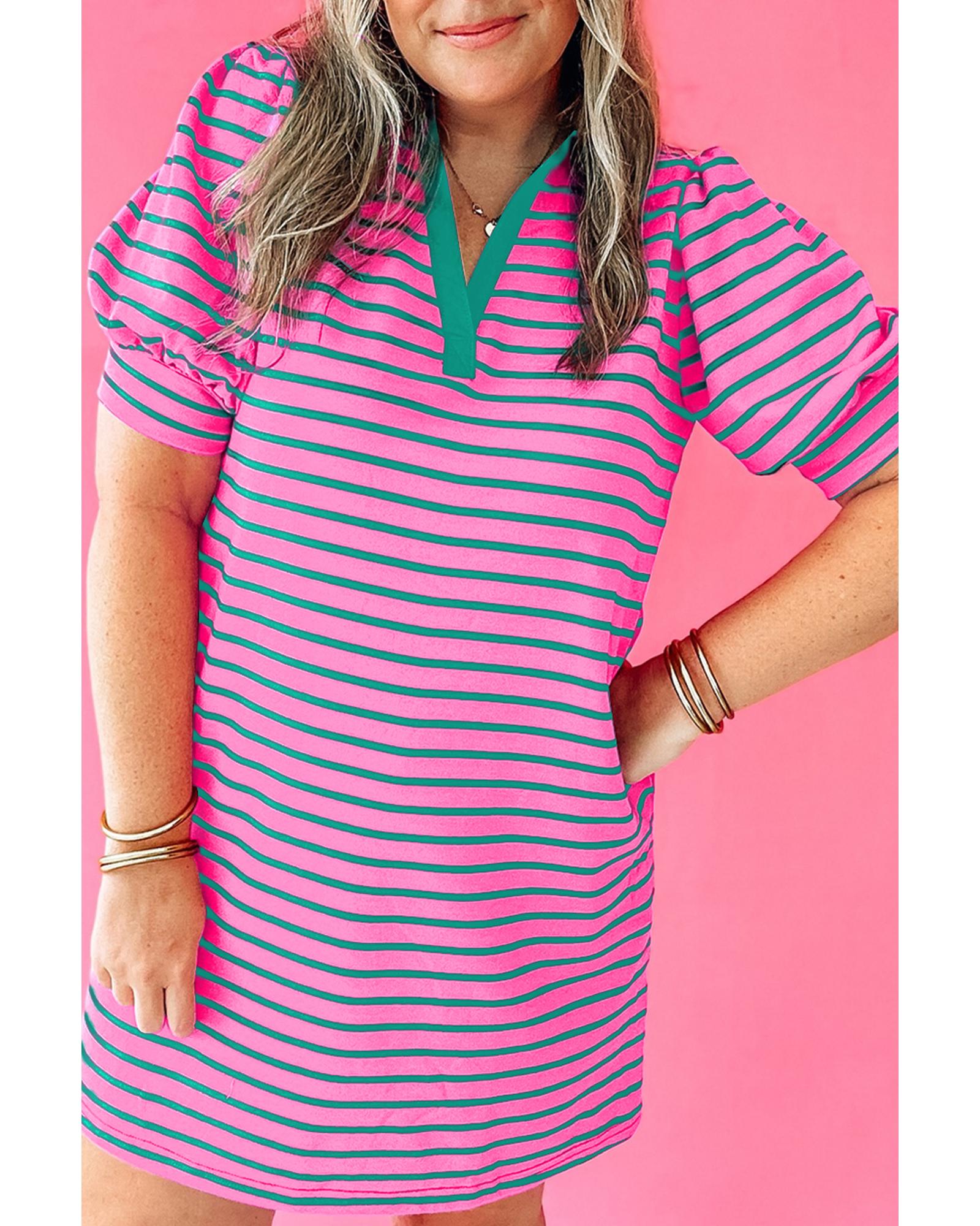 Rose Stripe Collared V Neck Puff Sleeve Shift T Shirt Dress with Pockets - 3X