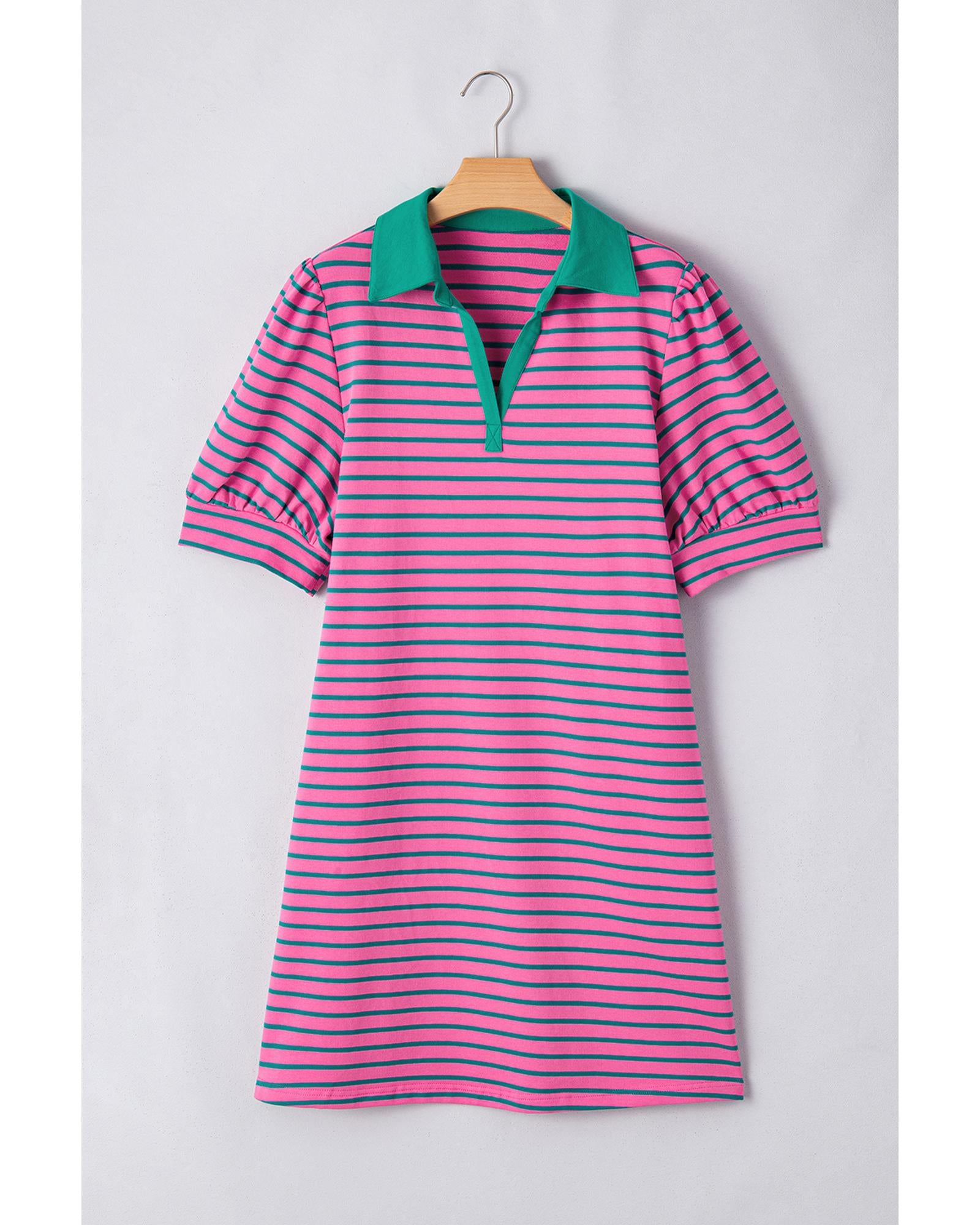 Rose Stripe Collared V Neck Puff Sleeve Shift T Shirt Dress with Pockets - 3X