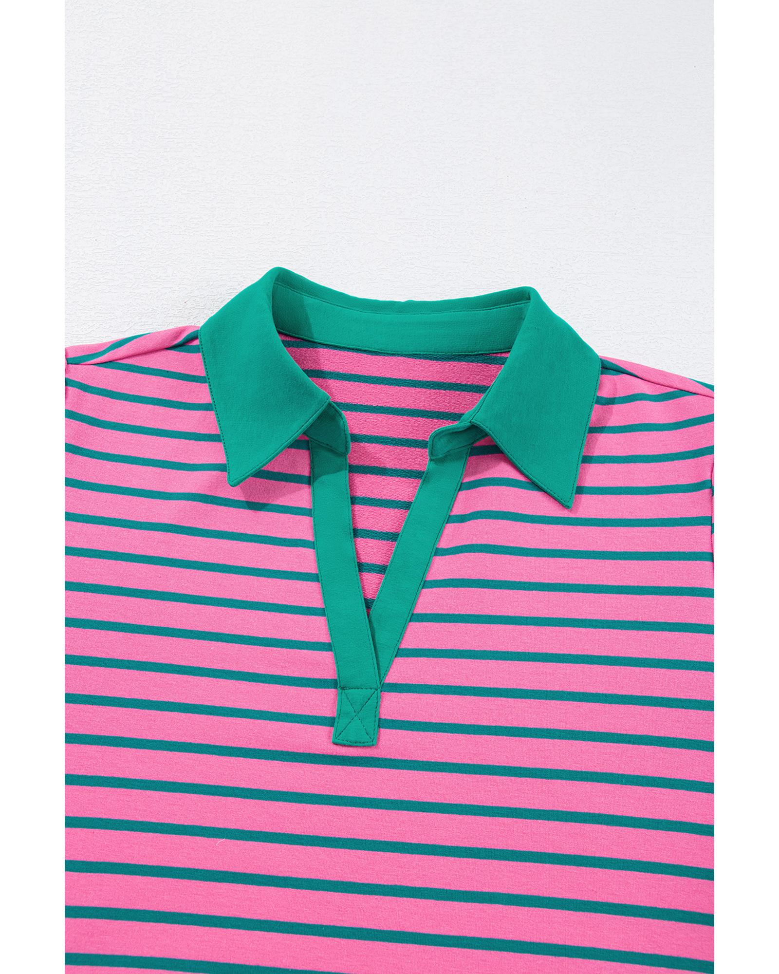 Rose Stripe Collared V Neck Puff Sleeve Shift T Shirt Dress with Pockets - 3X
