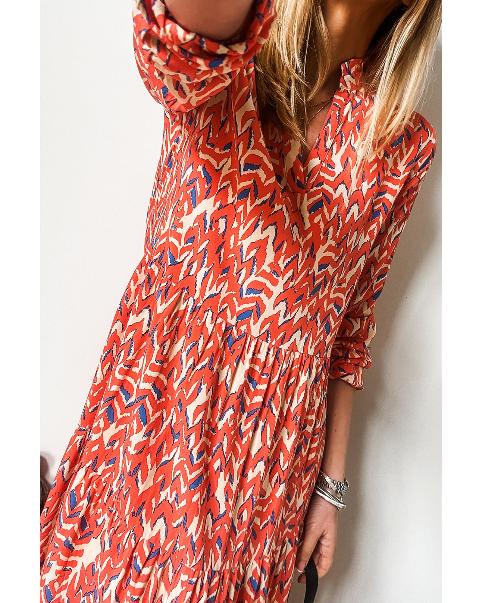 Red Plus Size Abstract Print Notch V Neck High Waist Maxi Dress - 4X