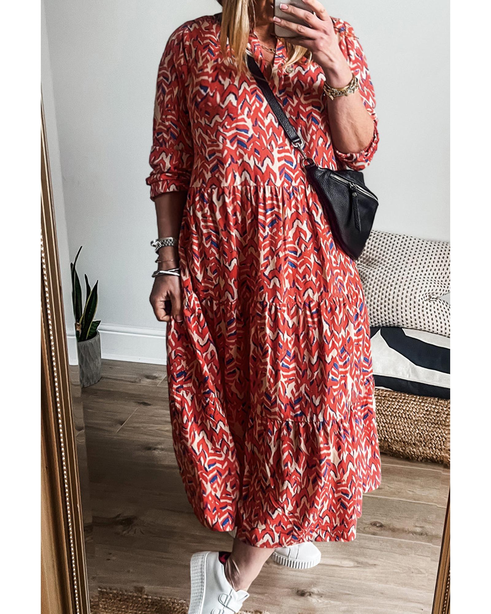 Red Plus Size Abstract Print Notch V Neck High Waist Maxi Dress - 4X