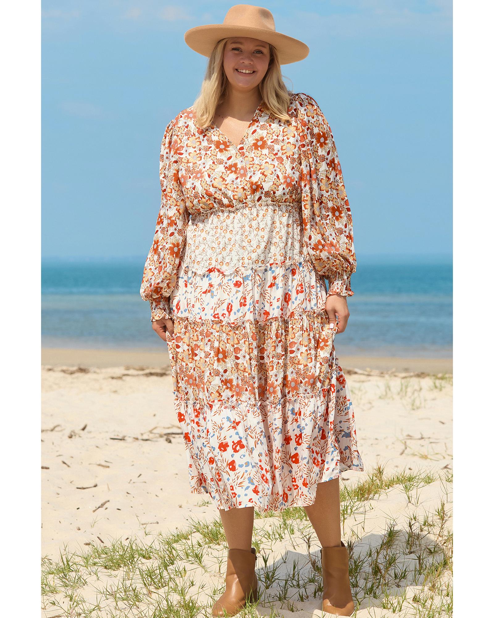 Khaki Plus Size Floral Tiered Ruffle Maxi Dress - 1X
