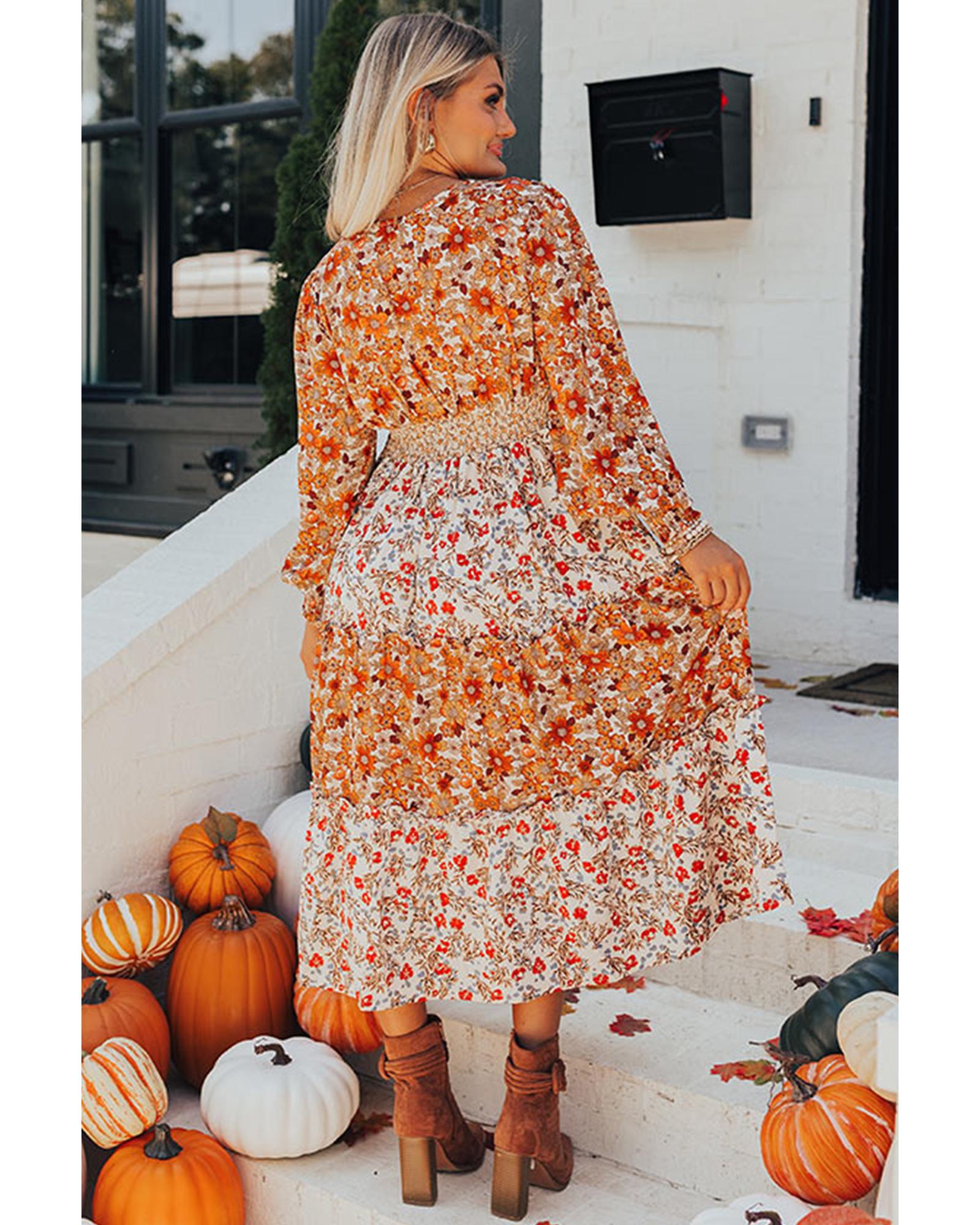 Khaki Plus Size Floral Tiered Ruffle Maxi Dress - 2X