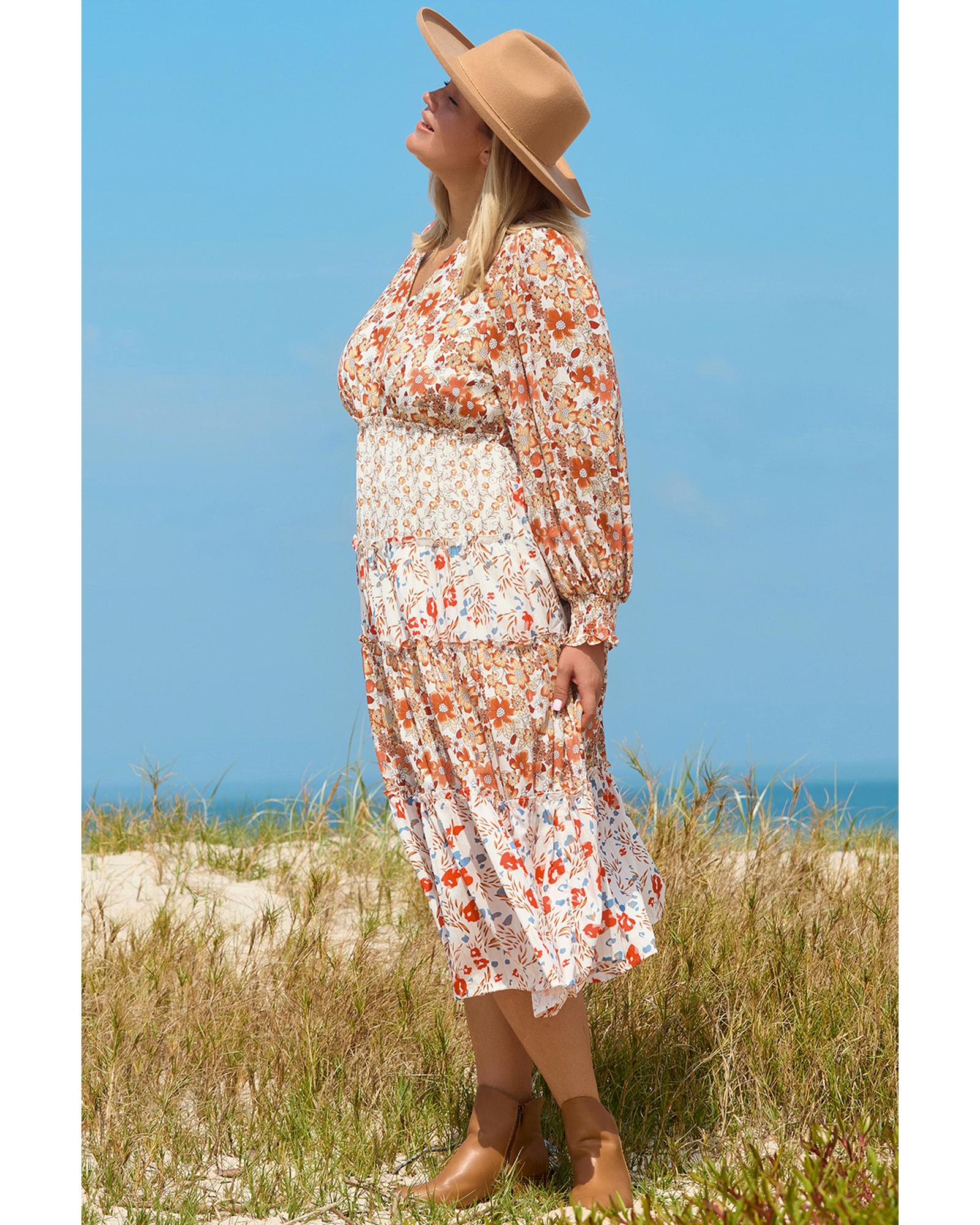 Khaki Plus Size Floral Tiered Ruffle Maxi Dress - 2X