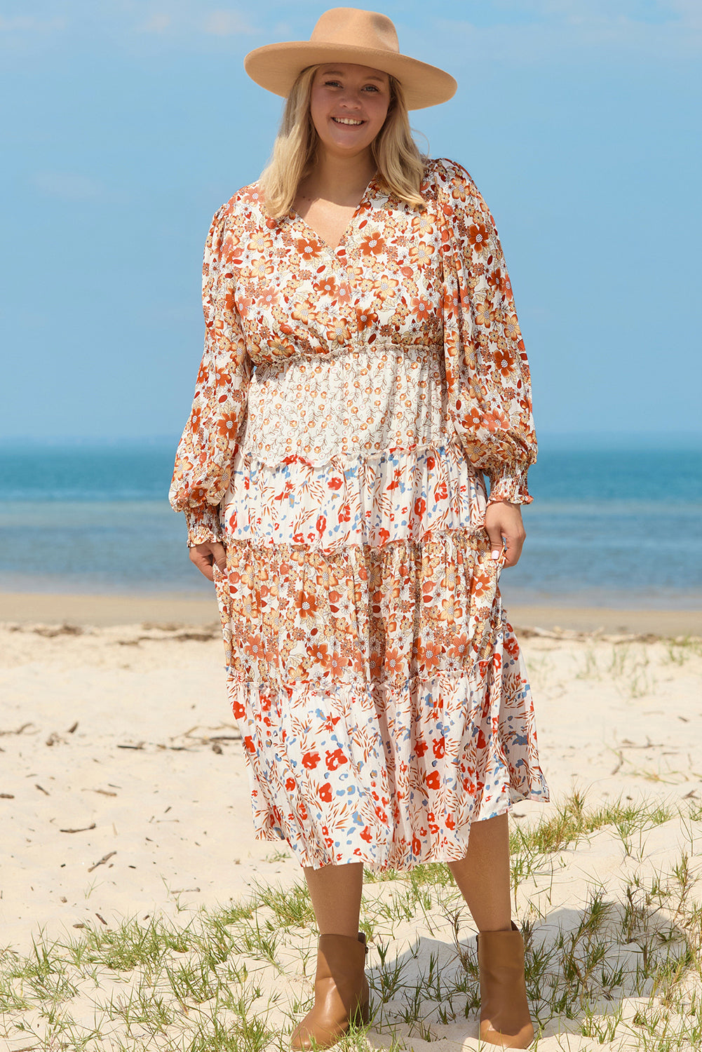 Khaki Plus Size Floral Tiered Ruffle Maxi Dress - 2X