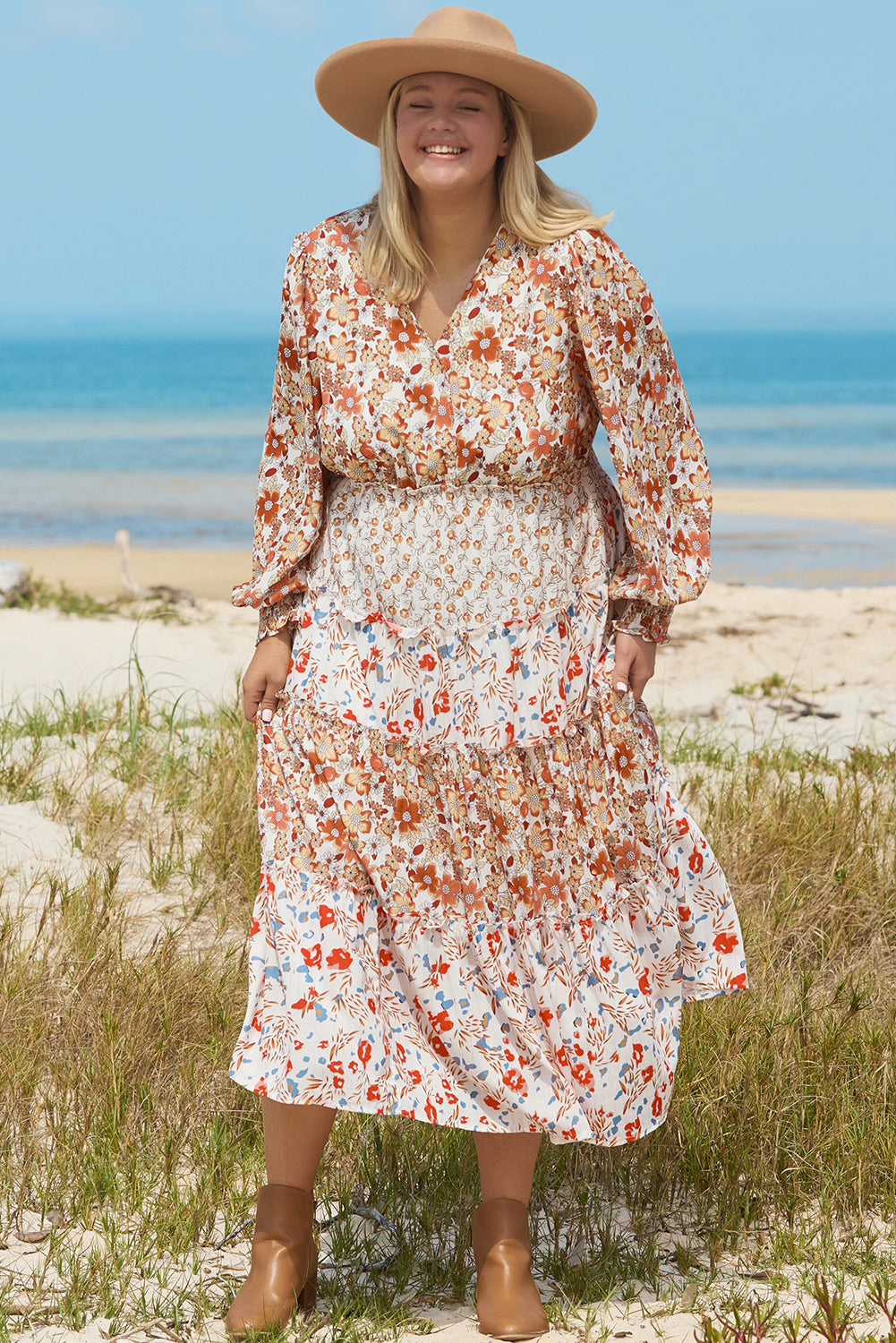 Khaki Plus Size Floral Tiered Ruffle Maxi Dress - 2X