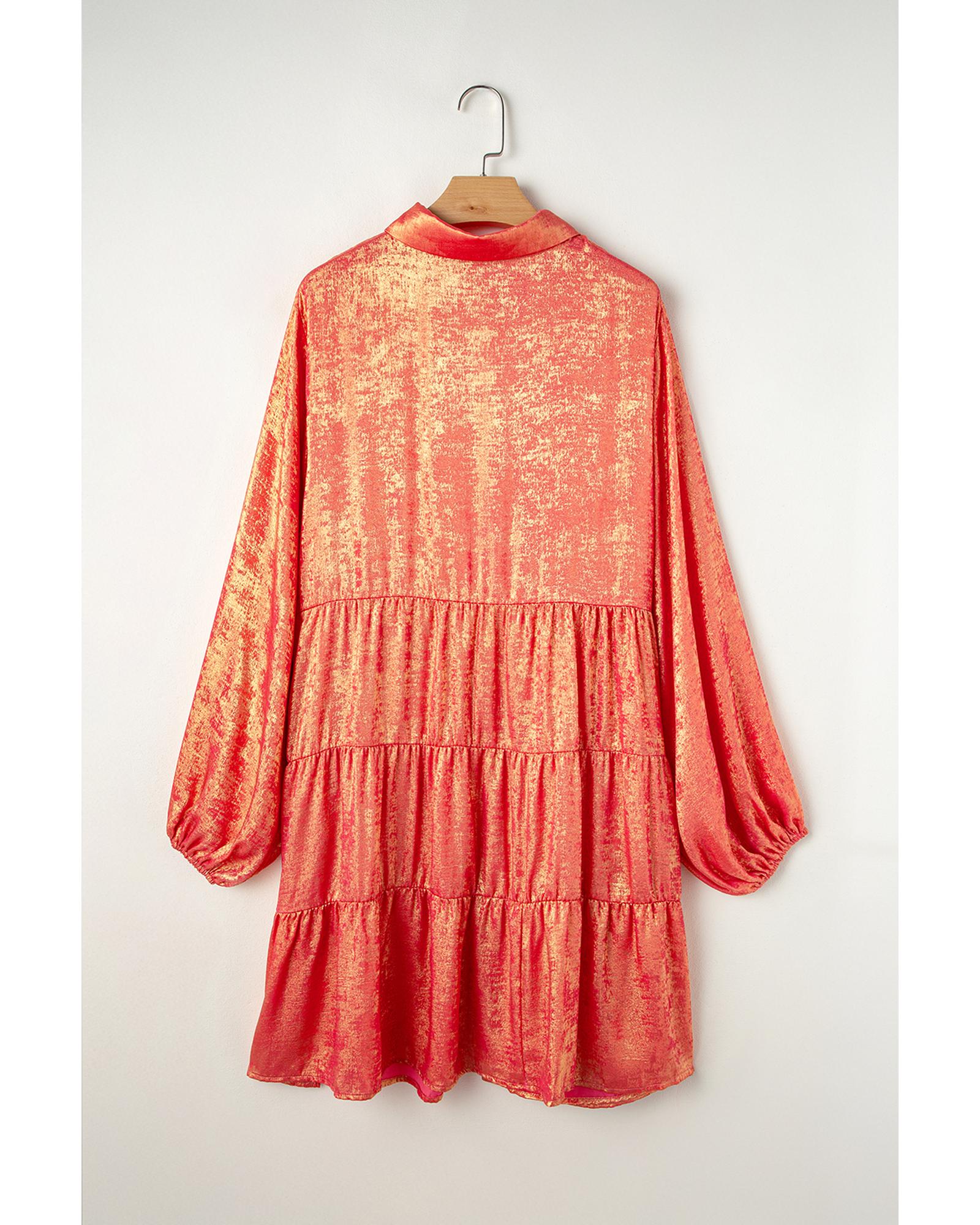 Peach Blossom Metallic Balloon Sleeve Shirt Plus Size Mini Dress - 2X