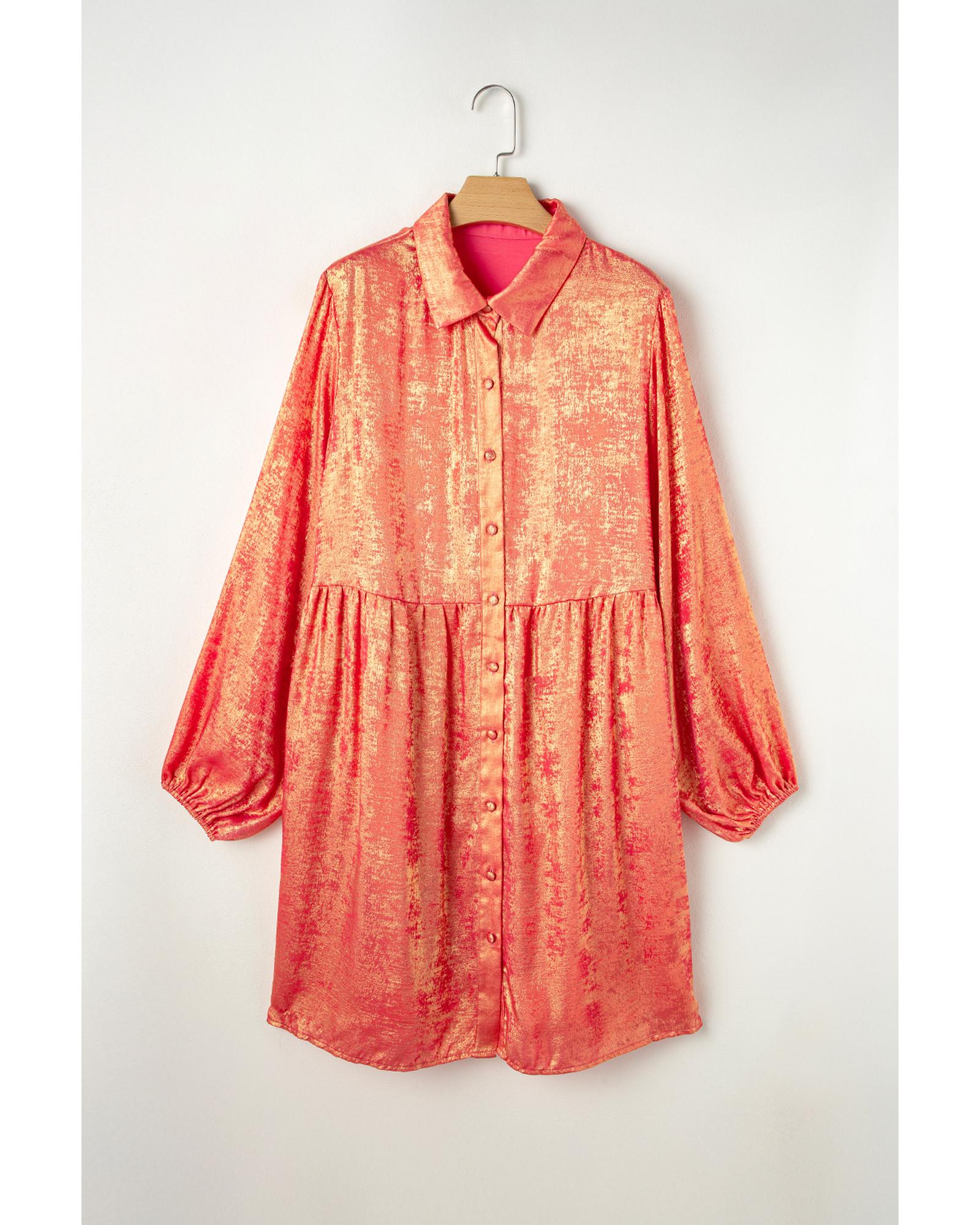 Peach Blossom Metallic Balloon Sleeve Shirt Plus Size Mini Dress - 2X