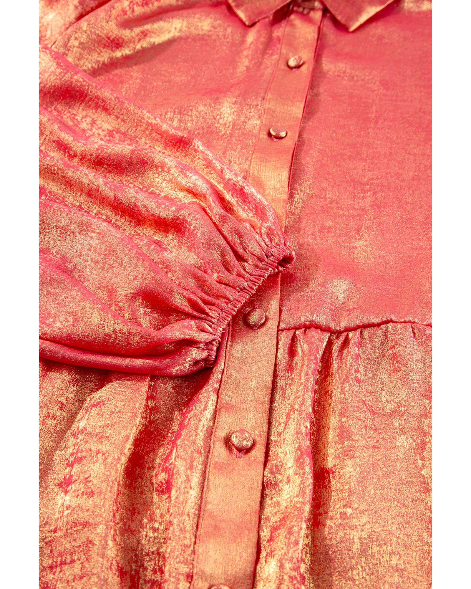 Peach Blossom Metallic Balloon Sleeve Shirt Plus Size Mini Dress - 2X