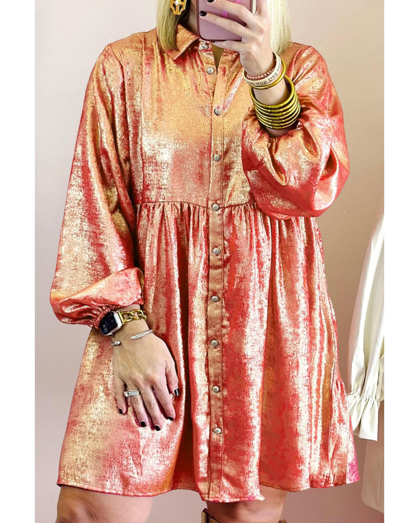 Peach Blossom Metallic Balloon Sleeve Shirt Plus Size Mini Dress - 2X