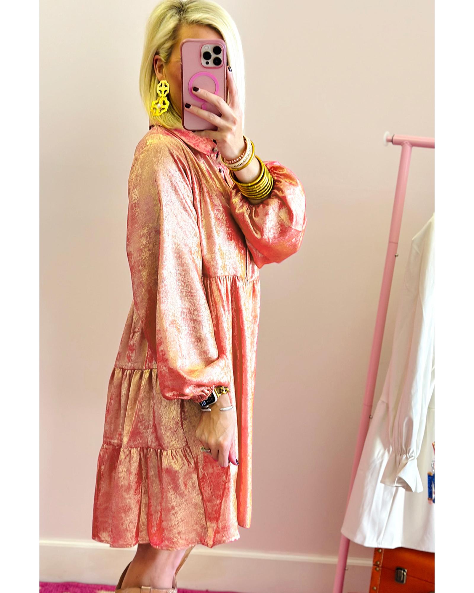 Peach Blossom Metallic Balloon Sleeve Shirt Plus Size Mini Dress - 3X