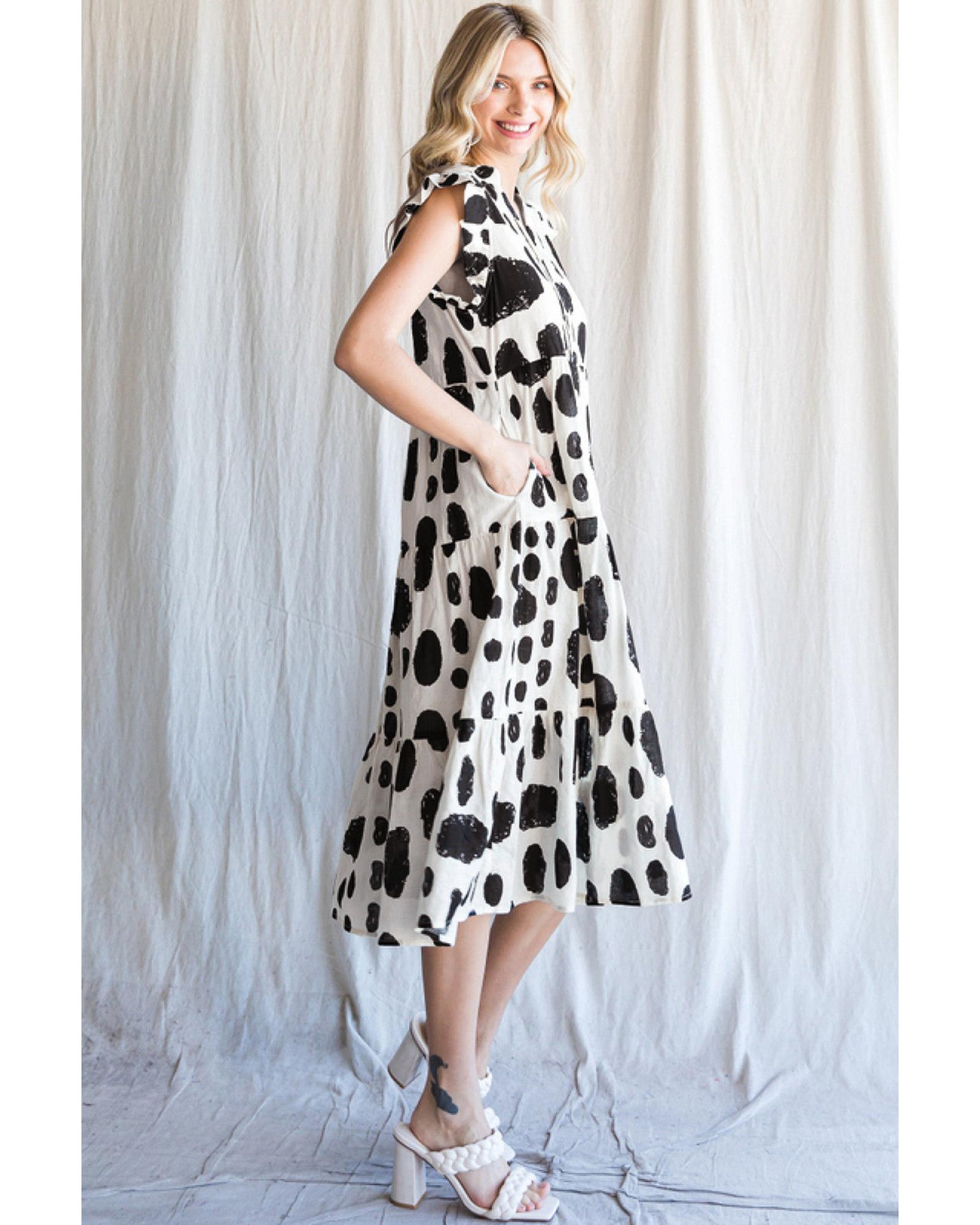 White Polka Dot Print Ruffled Sleeve Pocketed Plus Size Midi Dress - 4X