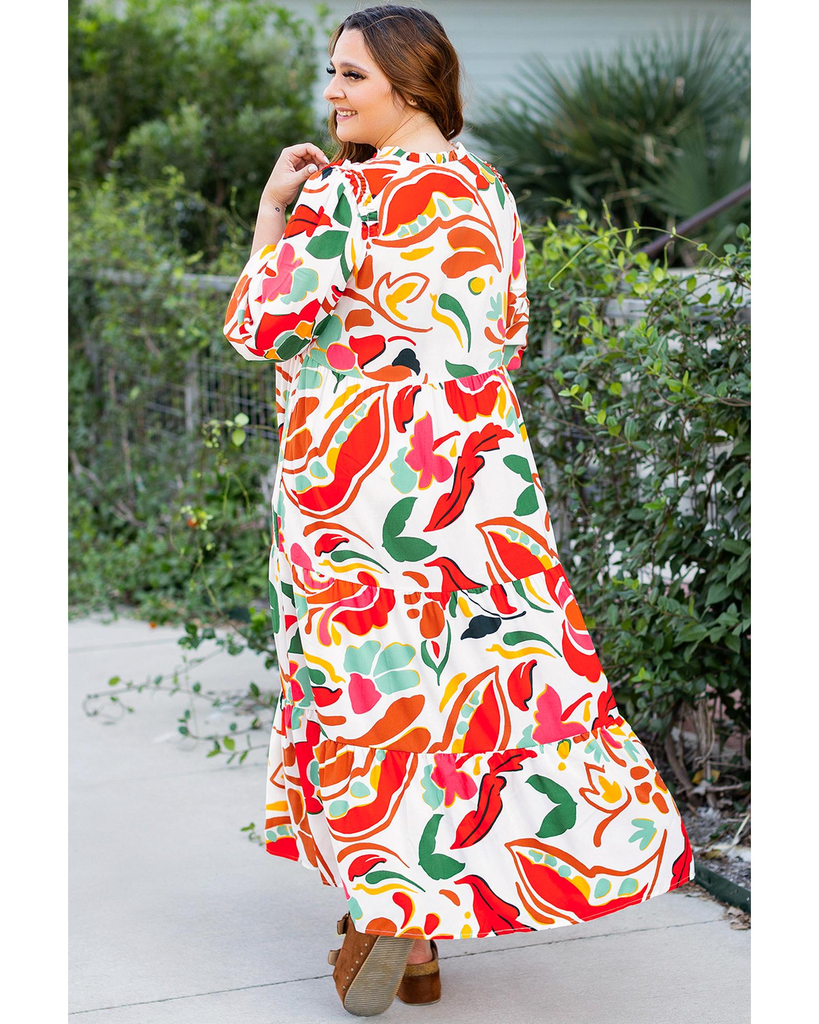 Orange Floral Print Drawstring V Neck Tiered Plus Size Dress - 1X
