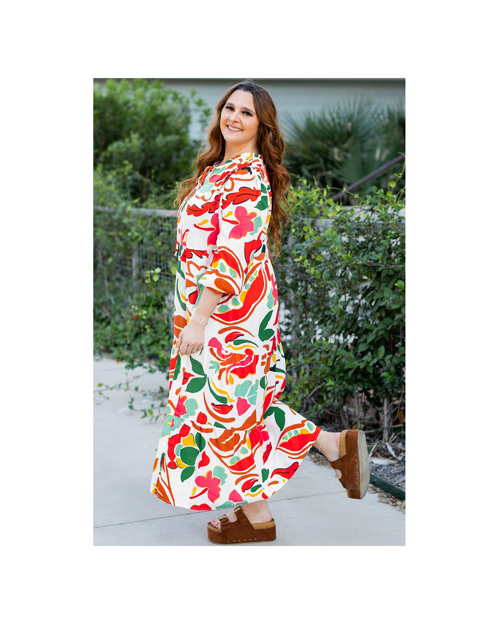 Orange Floral Print Drawstring V Neck Tiered Plus Size Dress - 1X