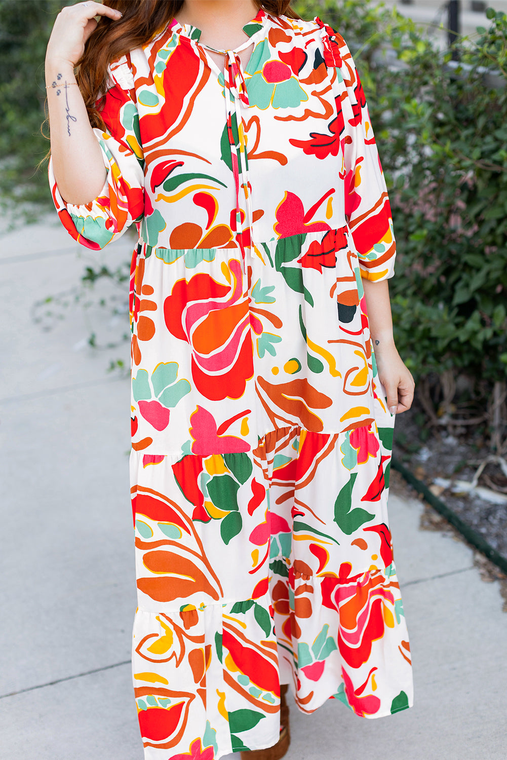 Orange Floral Print Drawstring V Neck Tiered Plus Size Dress - 1X