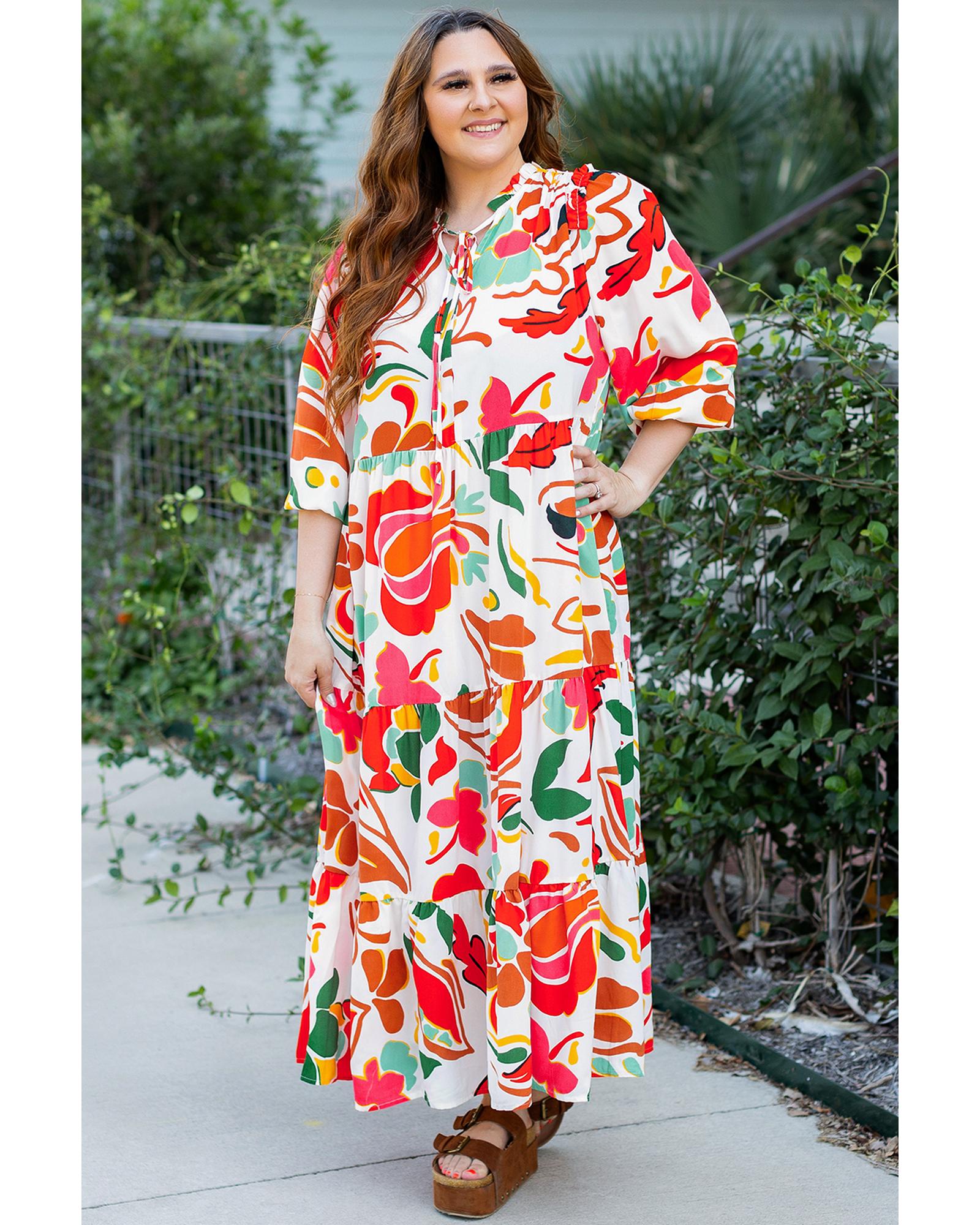 Orange Floral Print Drawstring V Neck Tiered Plus Size Dress - 4X