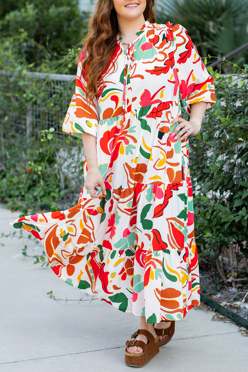 Orange Floral Print Drawstring V Neck Tiered Plus Size Dress - 4X