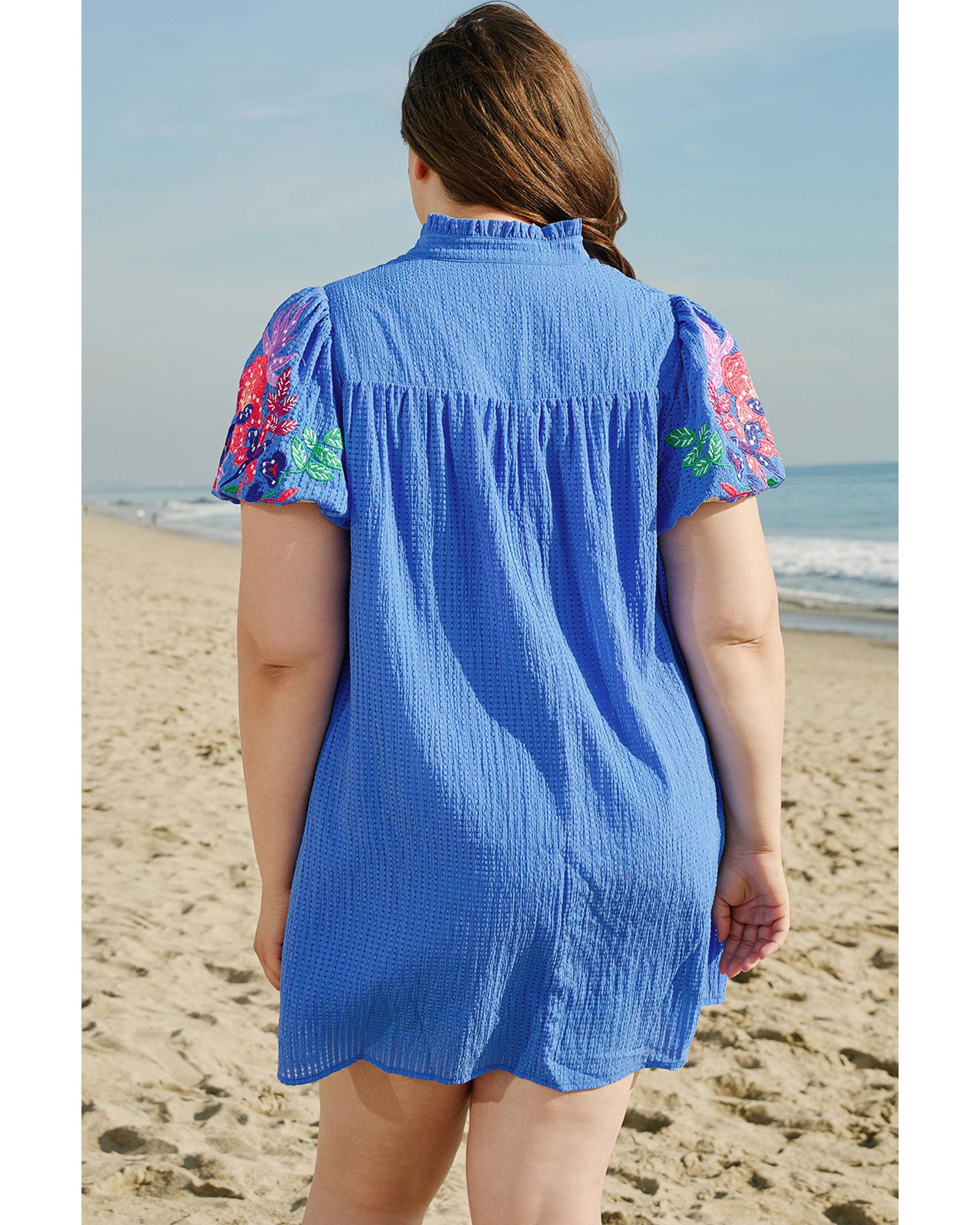 Sky Blue Plus Size Floral Embroidered Puff Sleeve Gingham Mini Dress - 2X